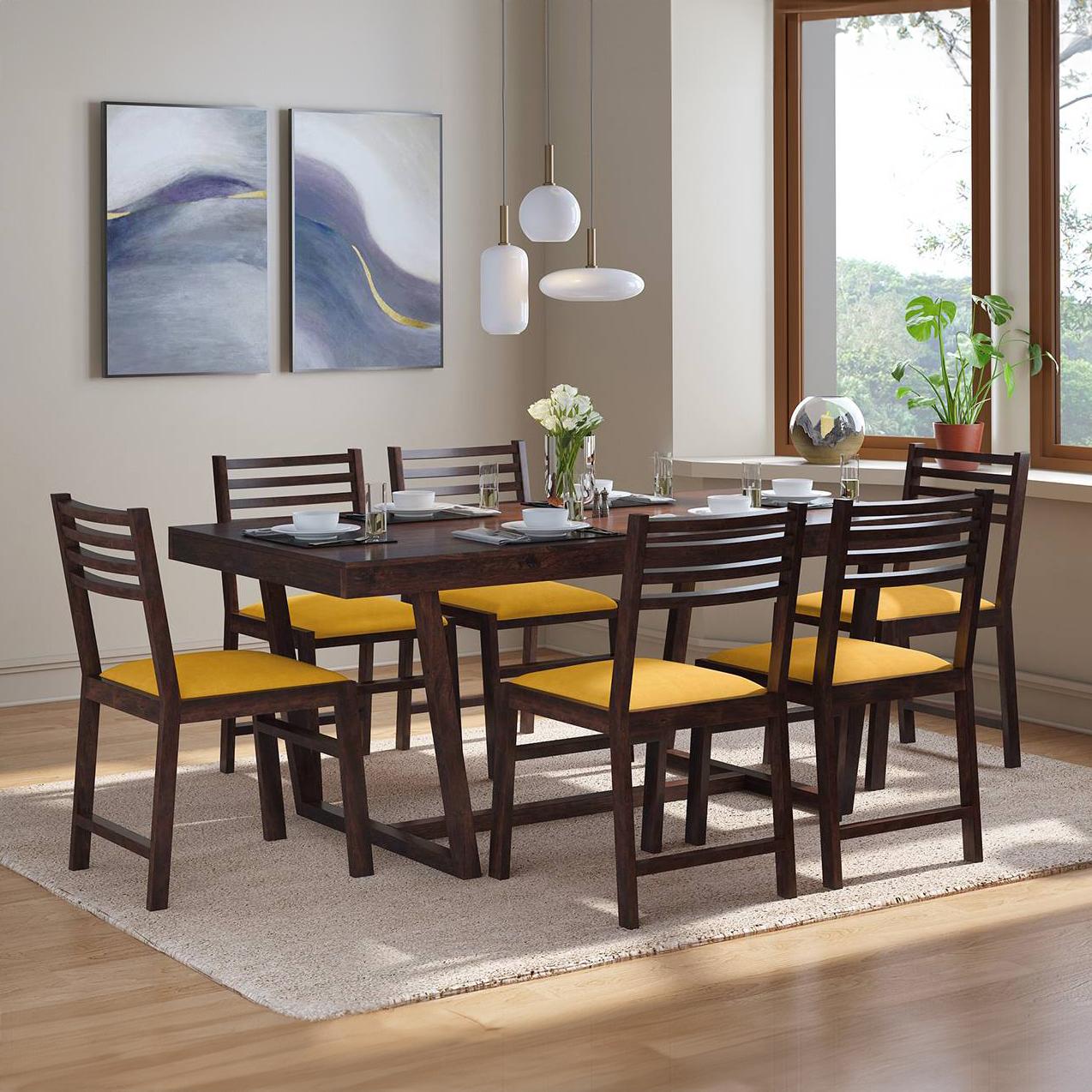 Caprica Solid Wood Dining Chair Set Of 2 In Mango Walnut Finish With Yellow Fabric Colour