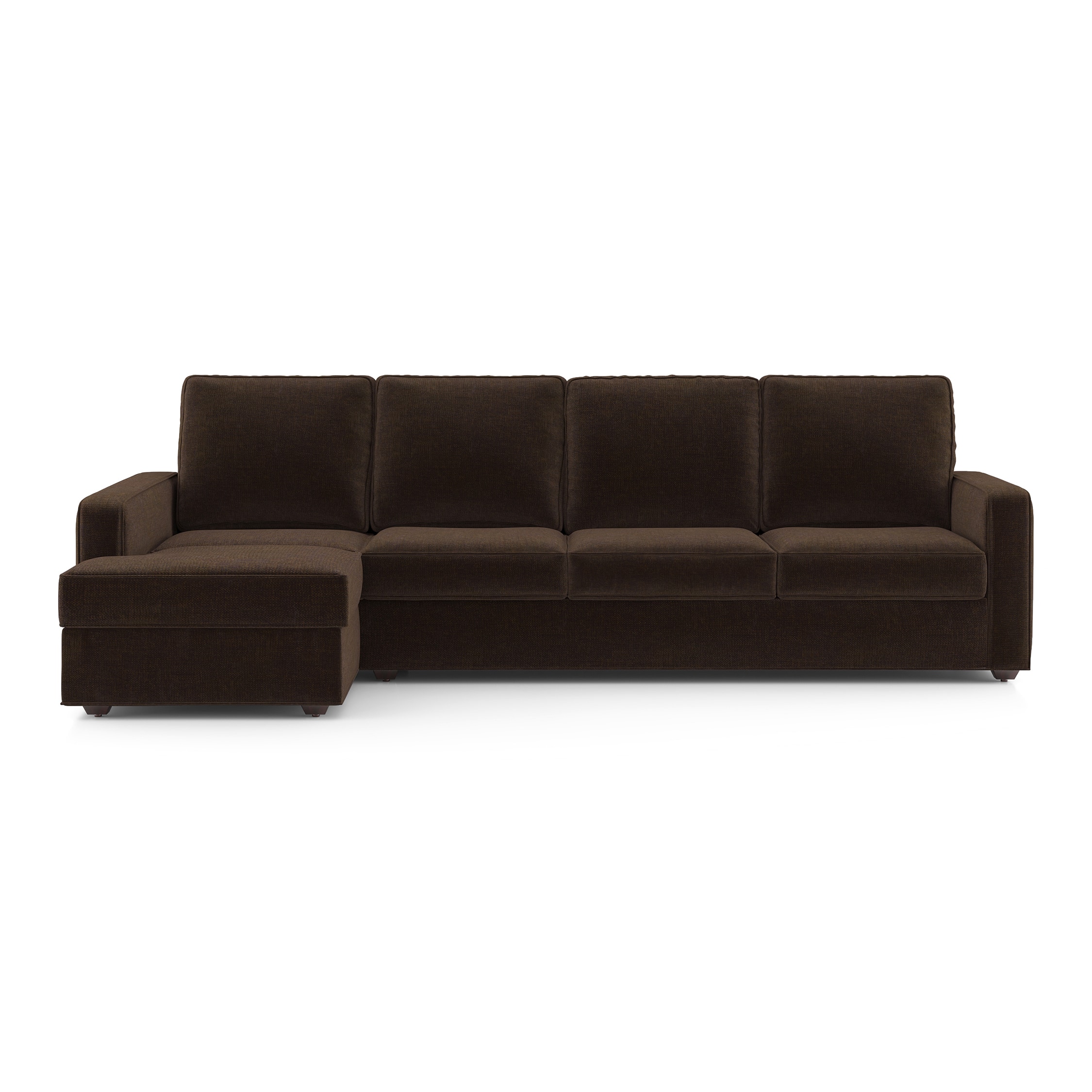 Apollo Compact Sofa (Colour : Dark Earth, Cushion : Hard, Back Type : High Back, Seating Capacity : Left Aligned 3 Seater + Left Aligned Chaise + Ottoman) - Urban Ladder