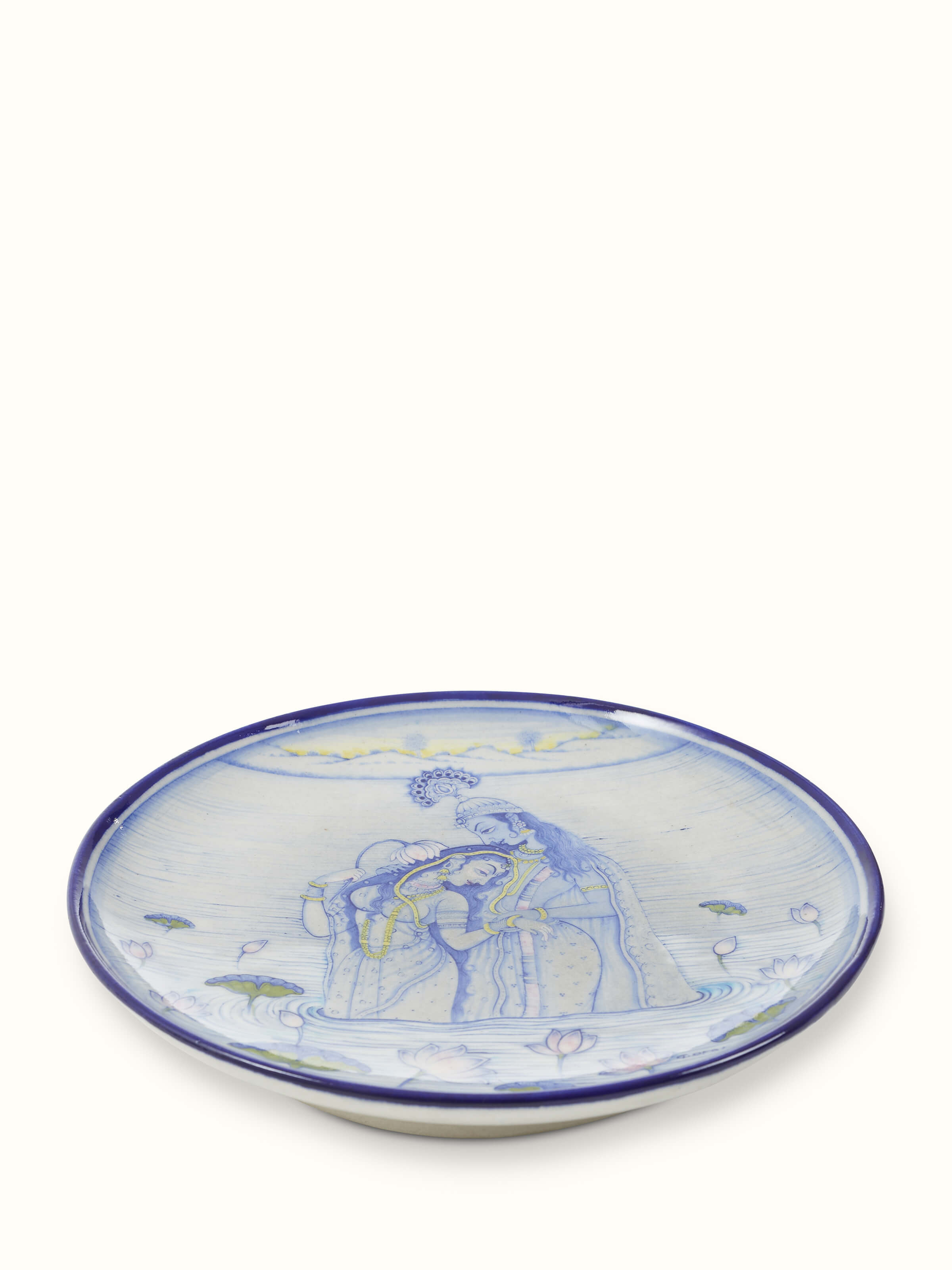 Close-up view of Blue Pottery Lovers Display Plate, showcasing the delicate painting and intricate details of the artwork.