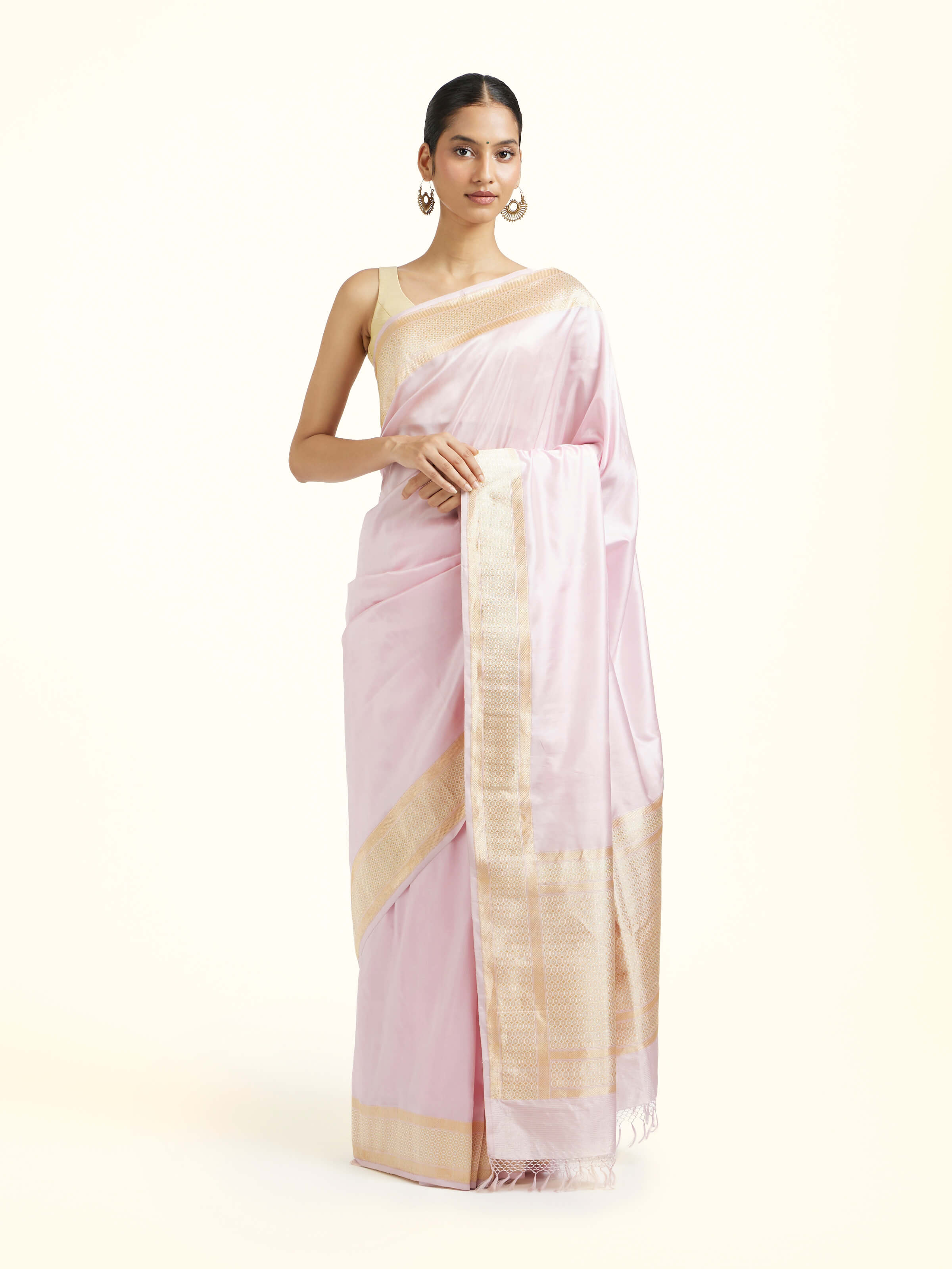 Cream Pink Mulberry Katan Silk Banarasi Saree