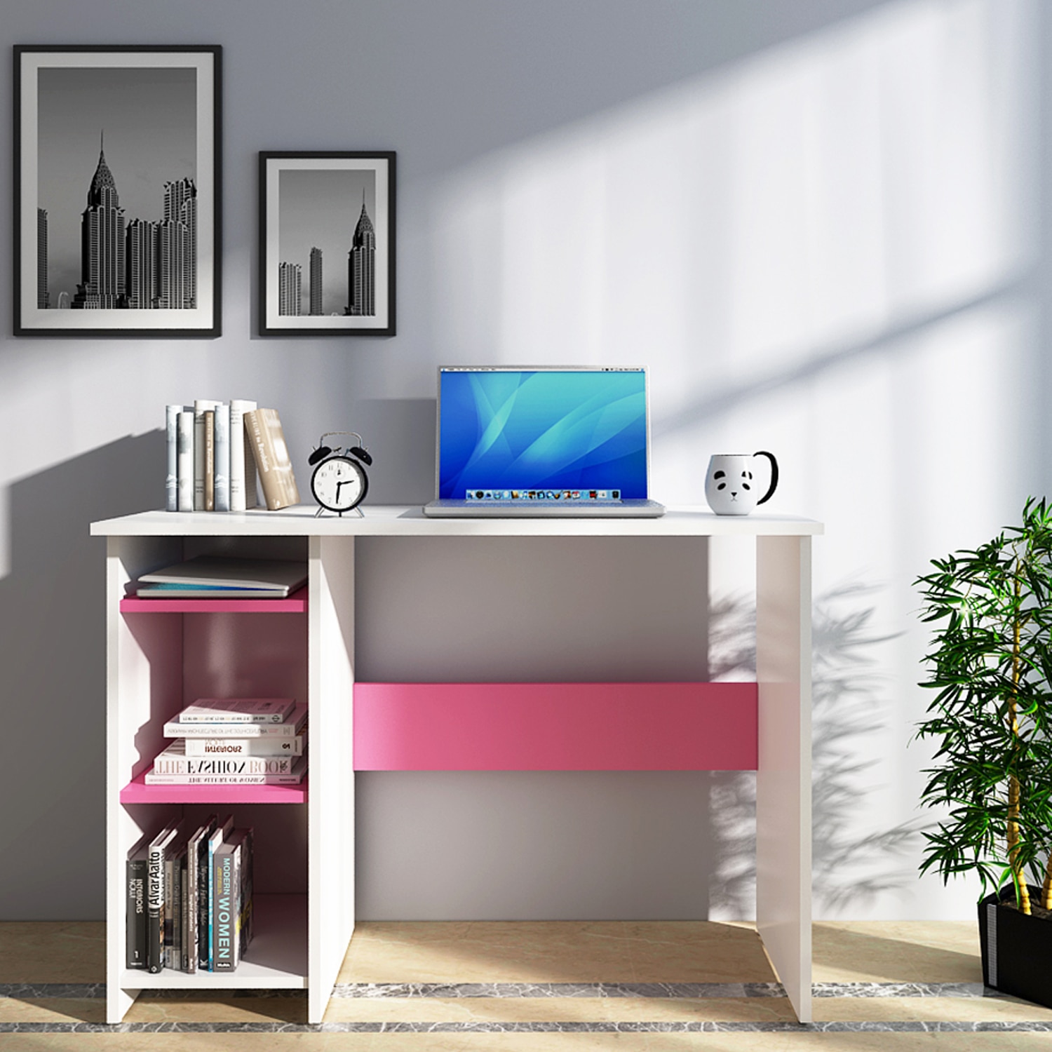 Woodbuzz Duke Engineered Wood Finish Study Table In Frosty White And Pink - Woodbuzz