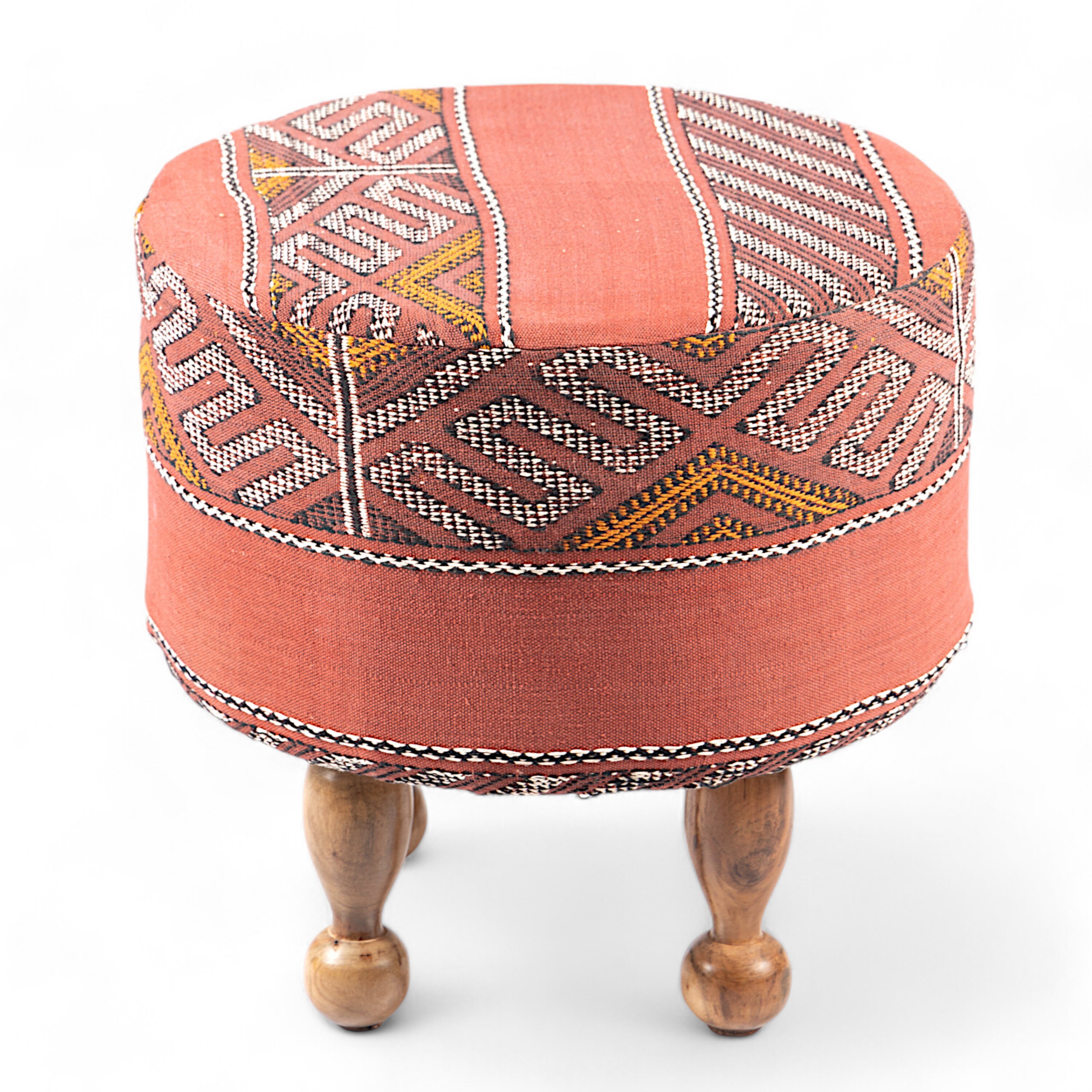 Louisville Acacia Wood Parisian Round Set of 2 Pouf Stools in Red Jacquard