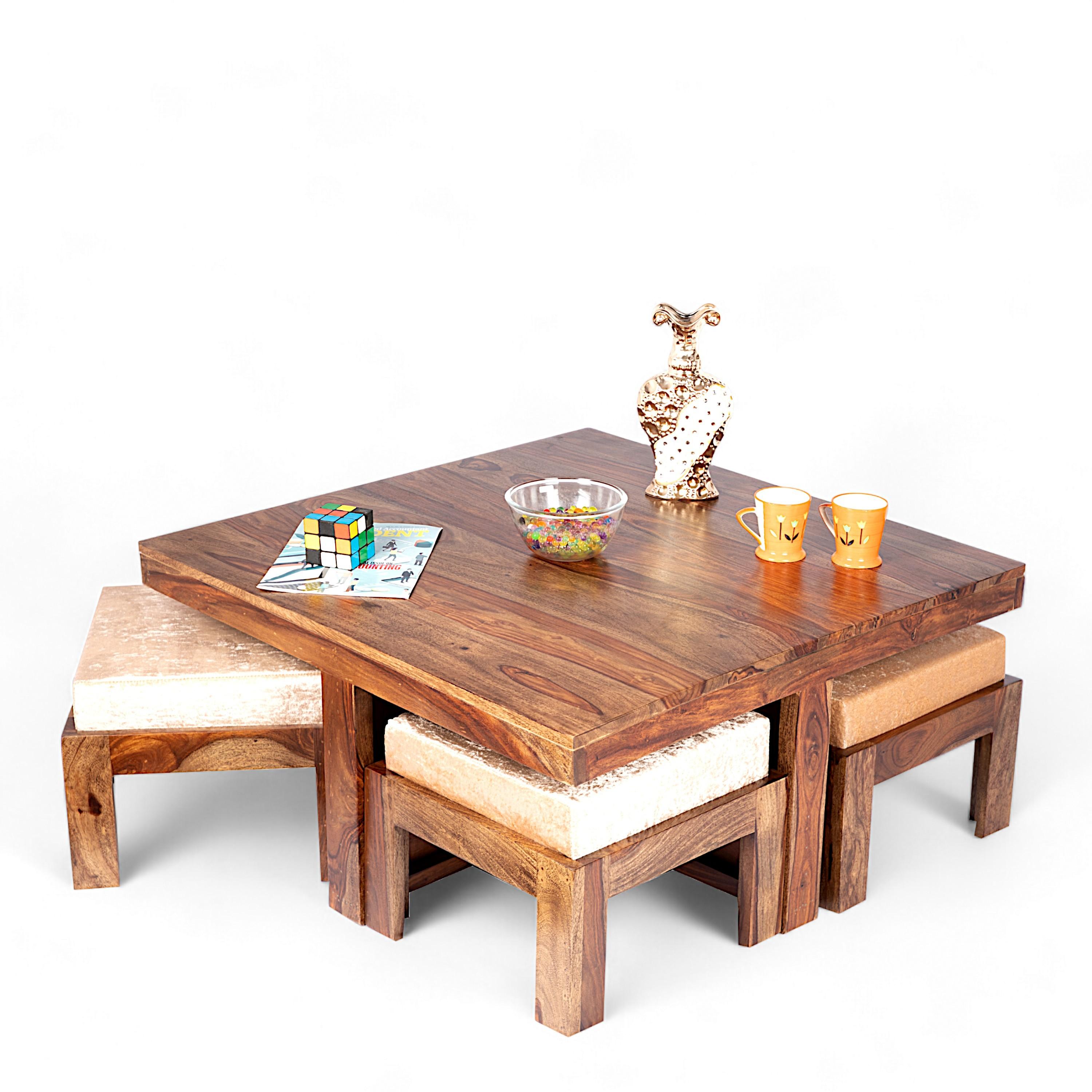 Blane Sheesham Wood 4 Seater Coffee Table Set In Teak Finish