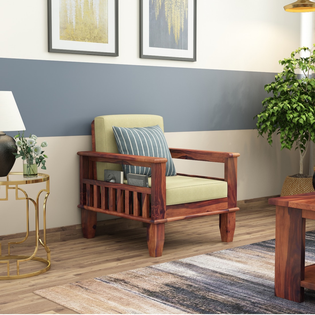 Madhavi 1 Seater Wooden Sofa (Creame Colour, Teak Finish)