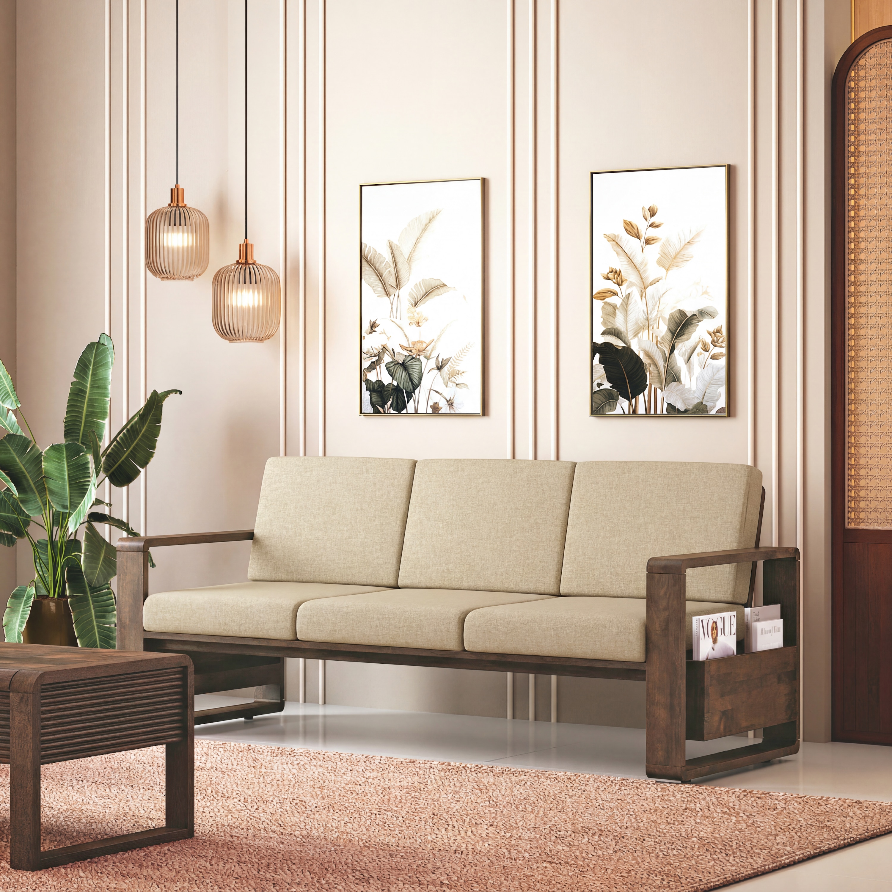 Moreno 3 Seater Solid Wood Sofa in Danish Walnut Finish and Almond Beige Fabric - Urban Ladder