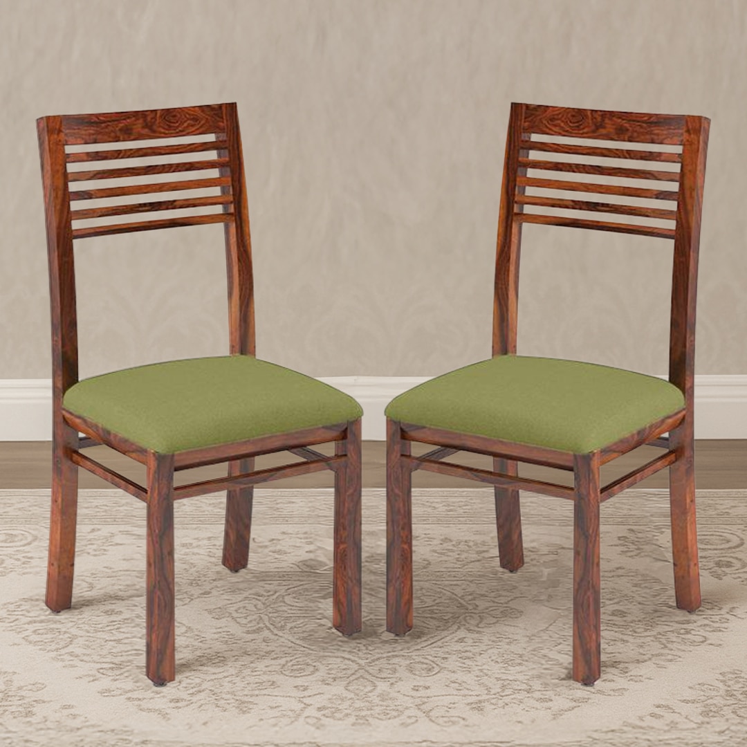 Zella Solid Wood Dining Chair Set Of 2 In Teak Finish With Avacado Green Colour Fabric