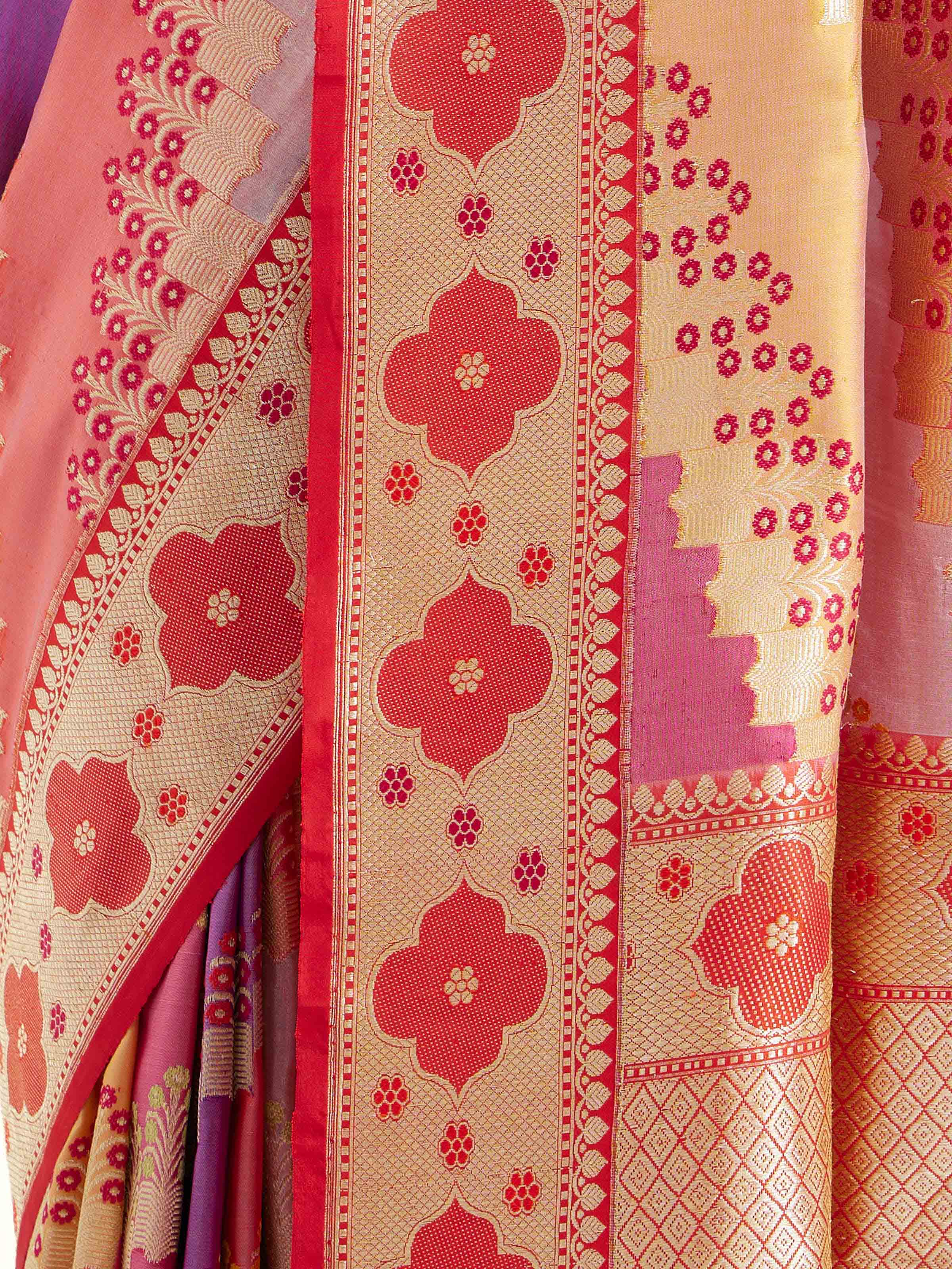 Detail view of silk rangkat Banarasi saree showcasing fine craftsmanship and ornate patterns