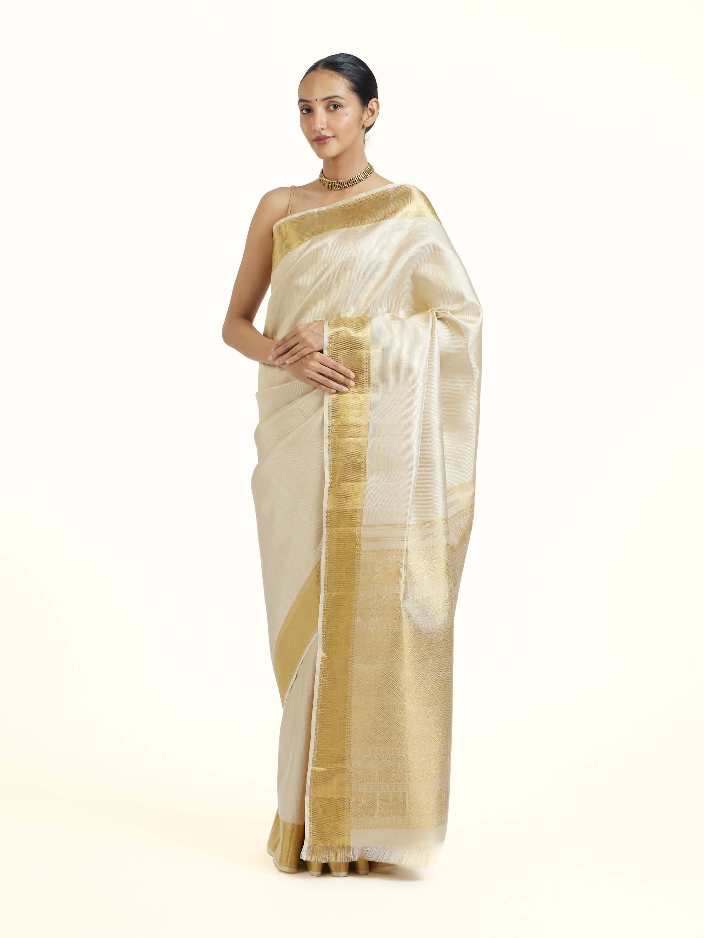 Beige Kancheepuram Silk Zari Saree