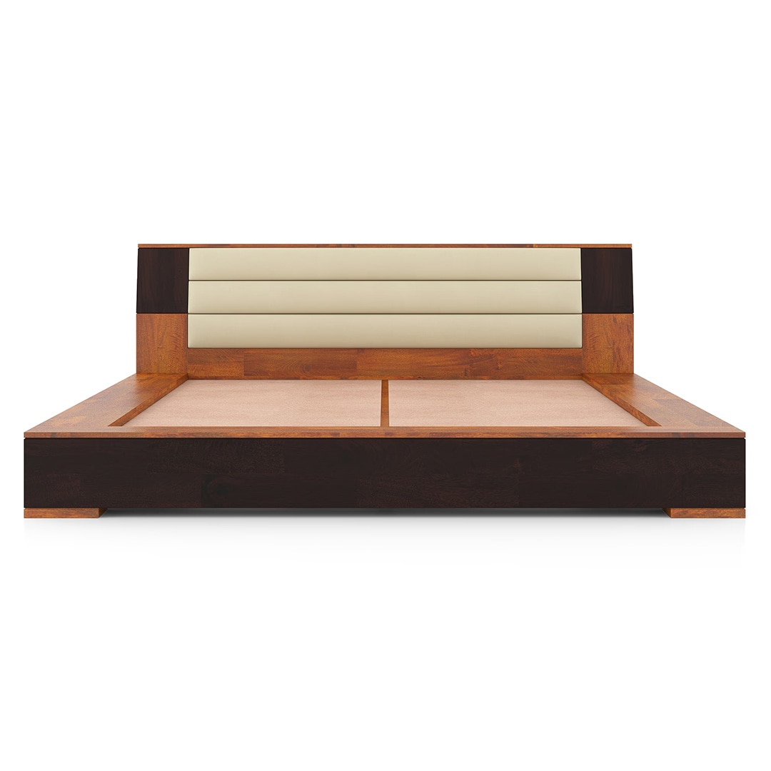 Mahe Solid Wood Queen Size Bed In Dual Tone With Ancient Ivory Leatherette
