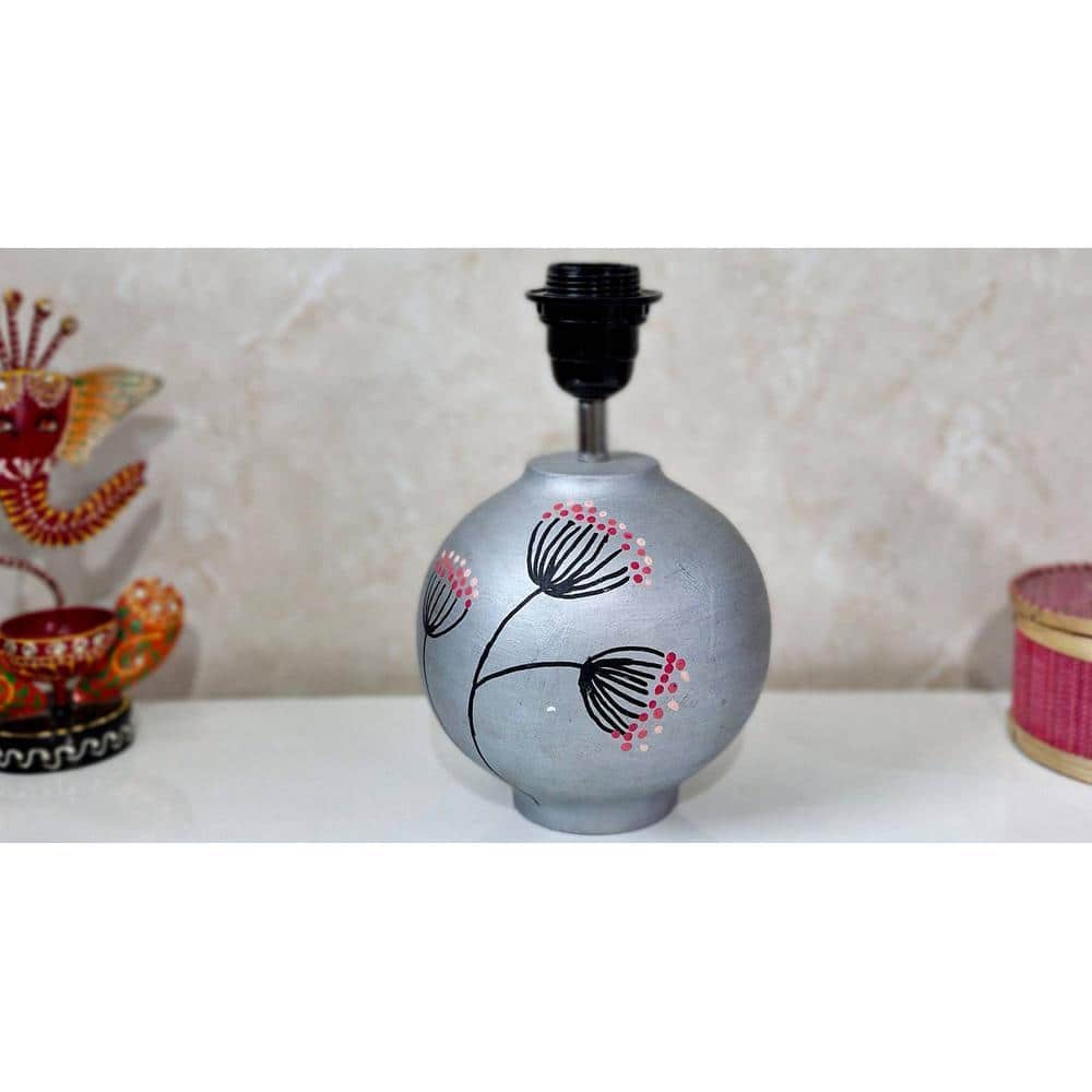 Azov Handmade & handpainted Silver colour Wooden matka lamp with Cotton Black shade