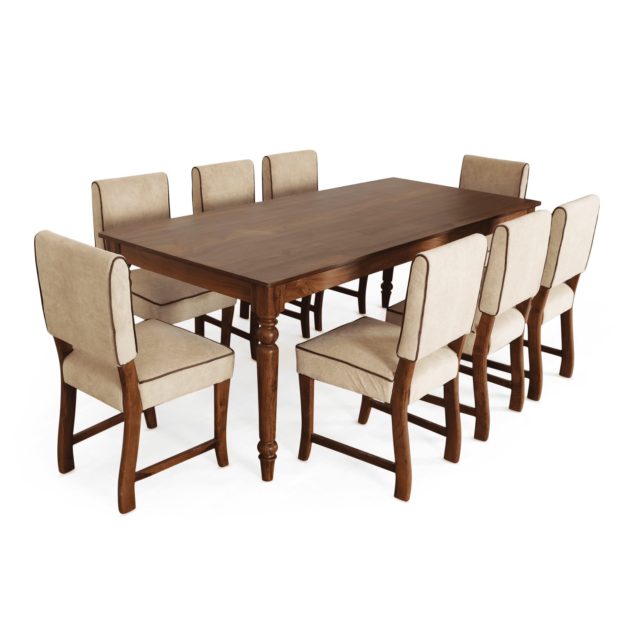 Globally Indian Sheesham Wood 8 Seater Dining Set With Upholstered Chairs Back And Seat In Beige Color