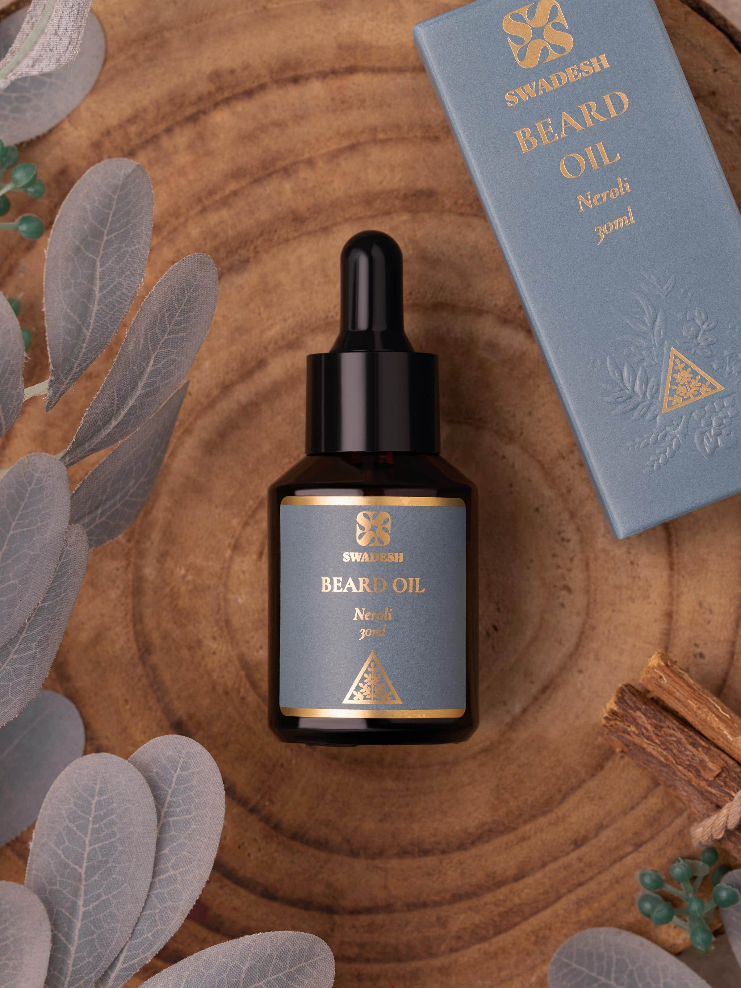 Close-up view of Beard Oil Neroli highlighting the elegant glass bottle and dispenser