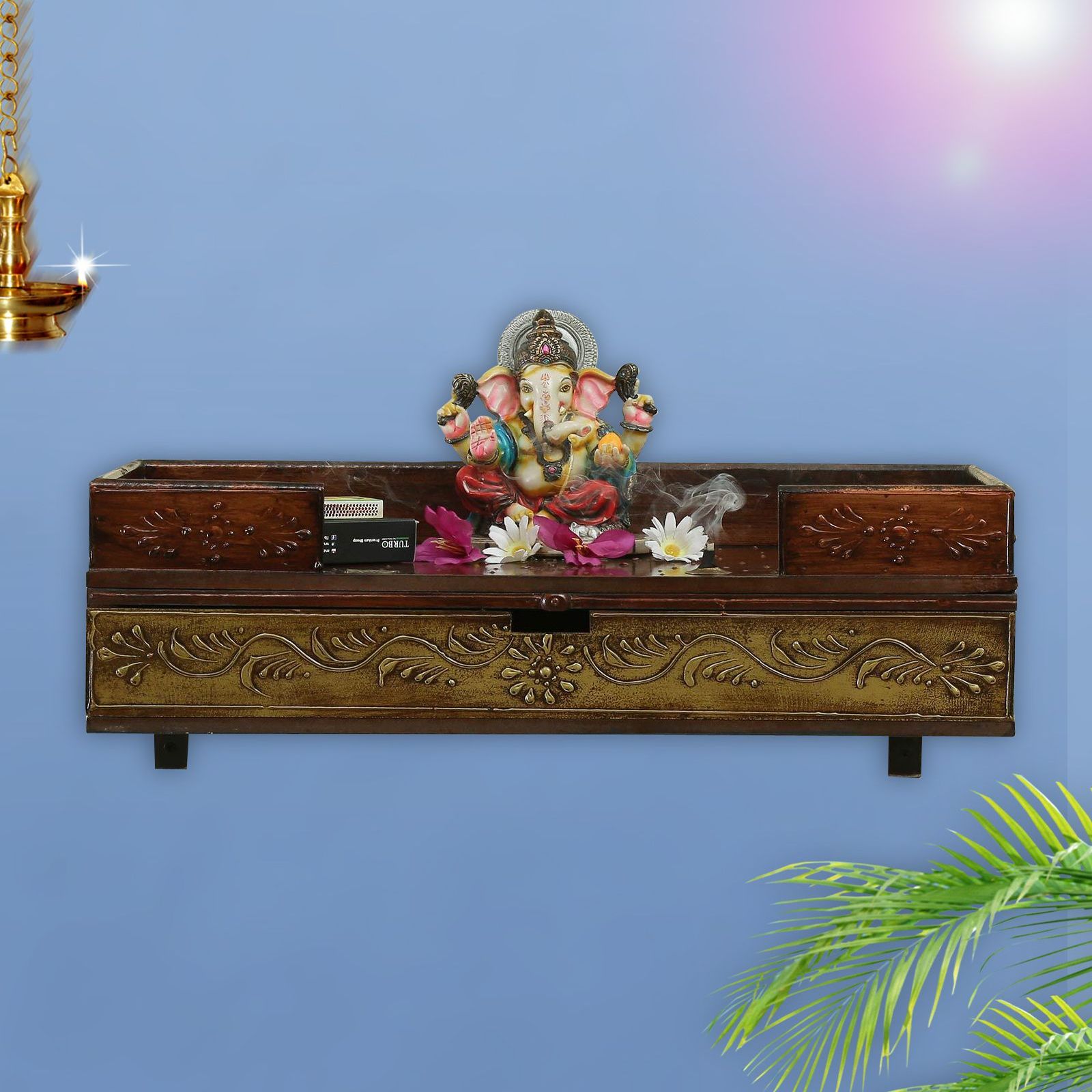 D'Dass Copper Wooden Shelf Style Temple For Pooja In Home and Office - D'DASS