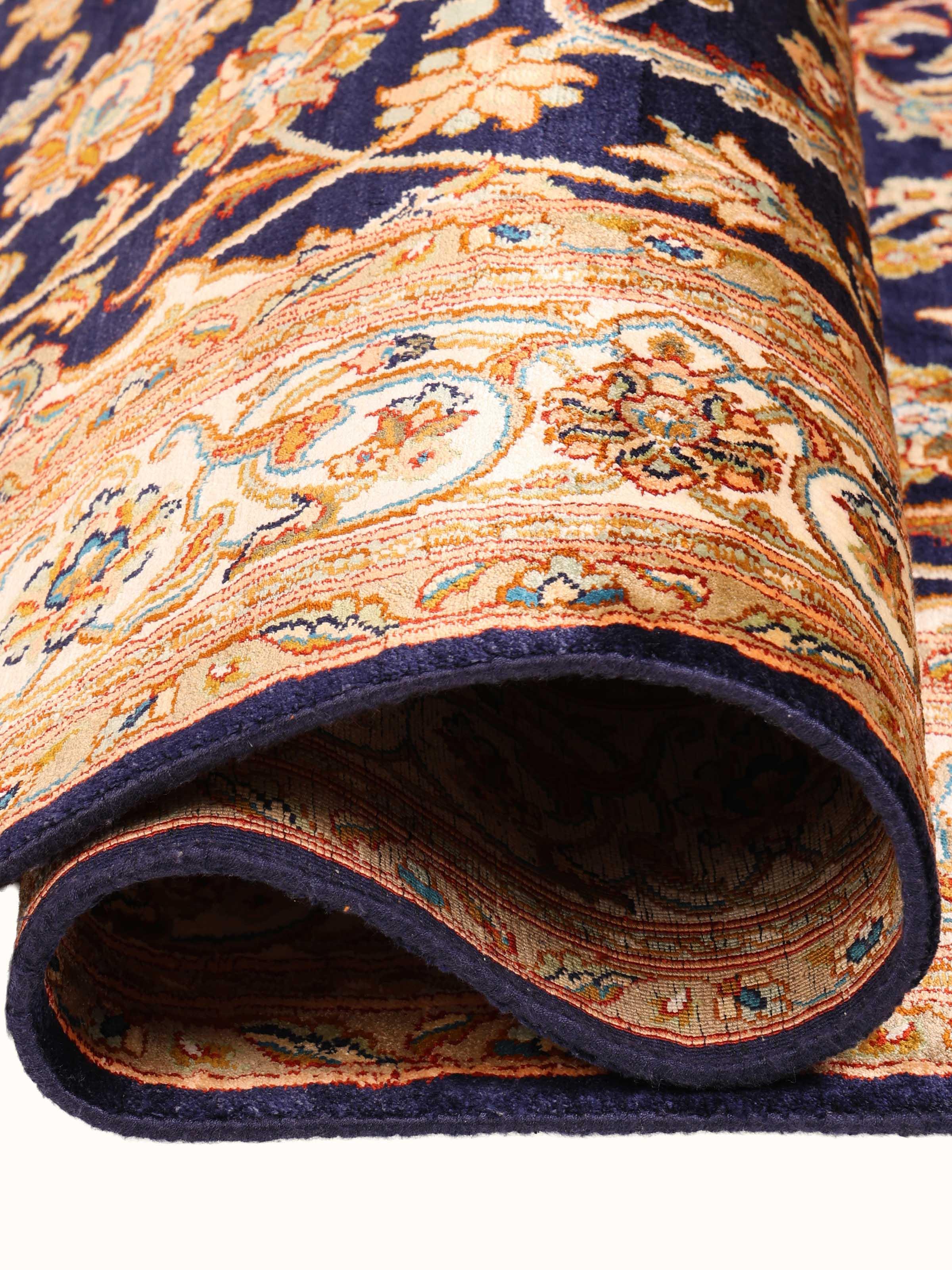 Traditional Persian Navy Beige Kashan Kashmir Silk Hand-Knotted Carpet