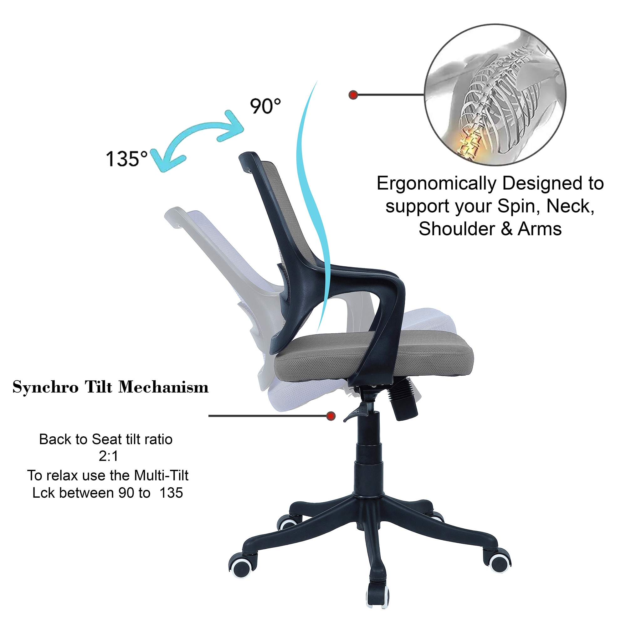 Ddeasirea Mid Back Ergonomic Chair in Grey Colour