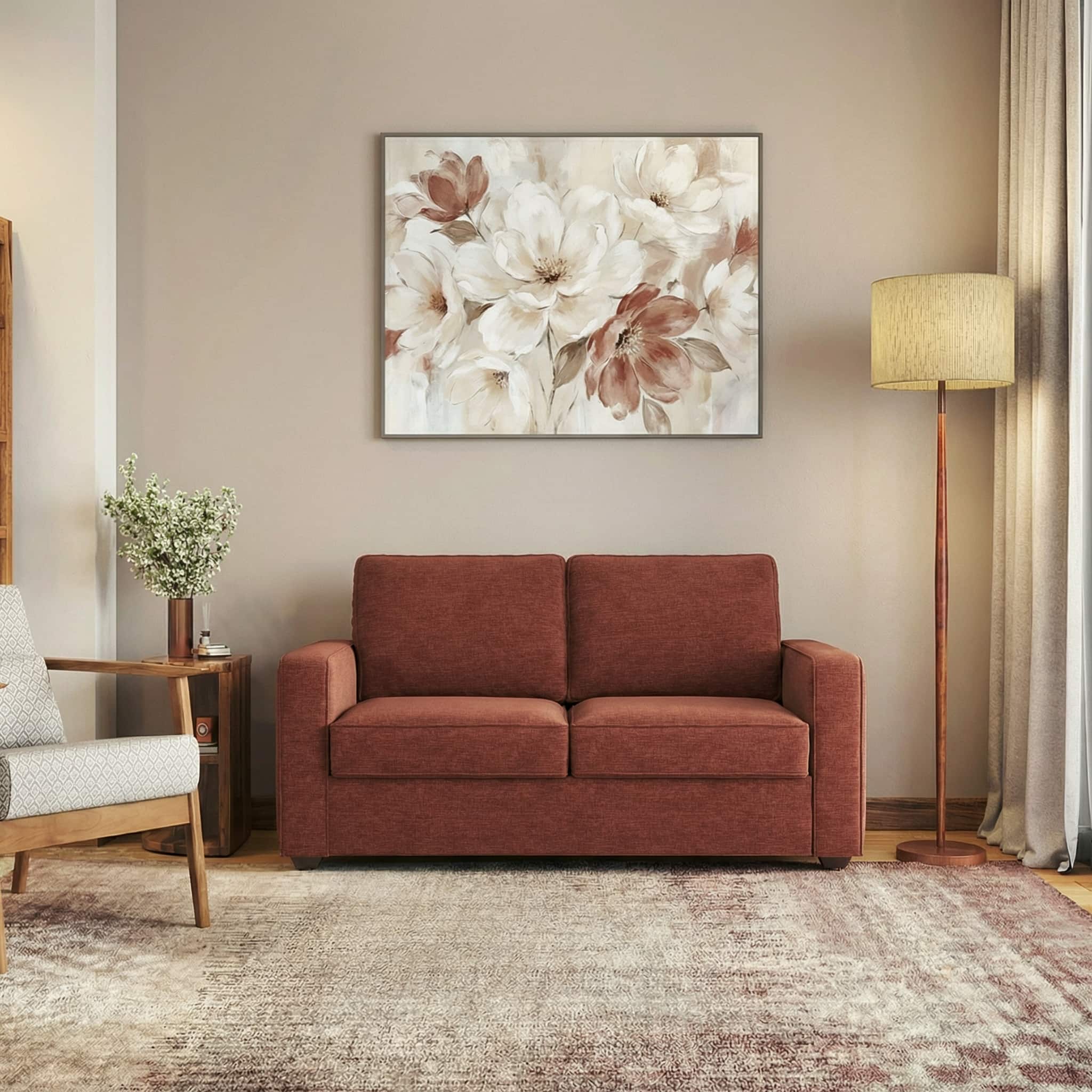 Apollo Compact High Back 2 Seater Fabric Sofa in Dark Coral Colour - Urban Ladder