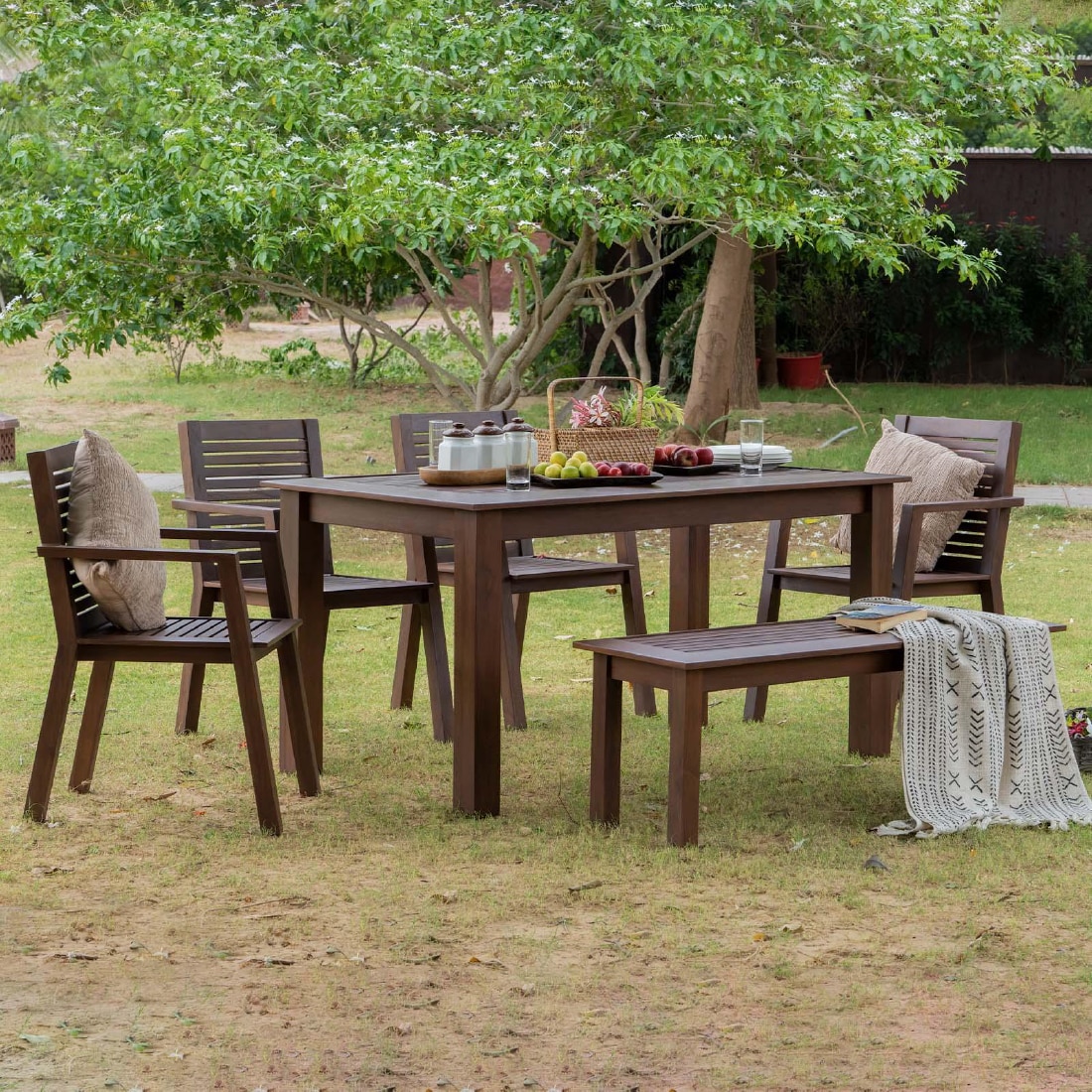 Alfresco Solid Wood Outdoor Dining Table with Four Arm Chairs and Bench in Brown Colour - Orange Tree