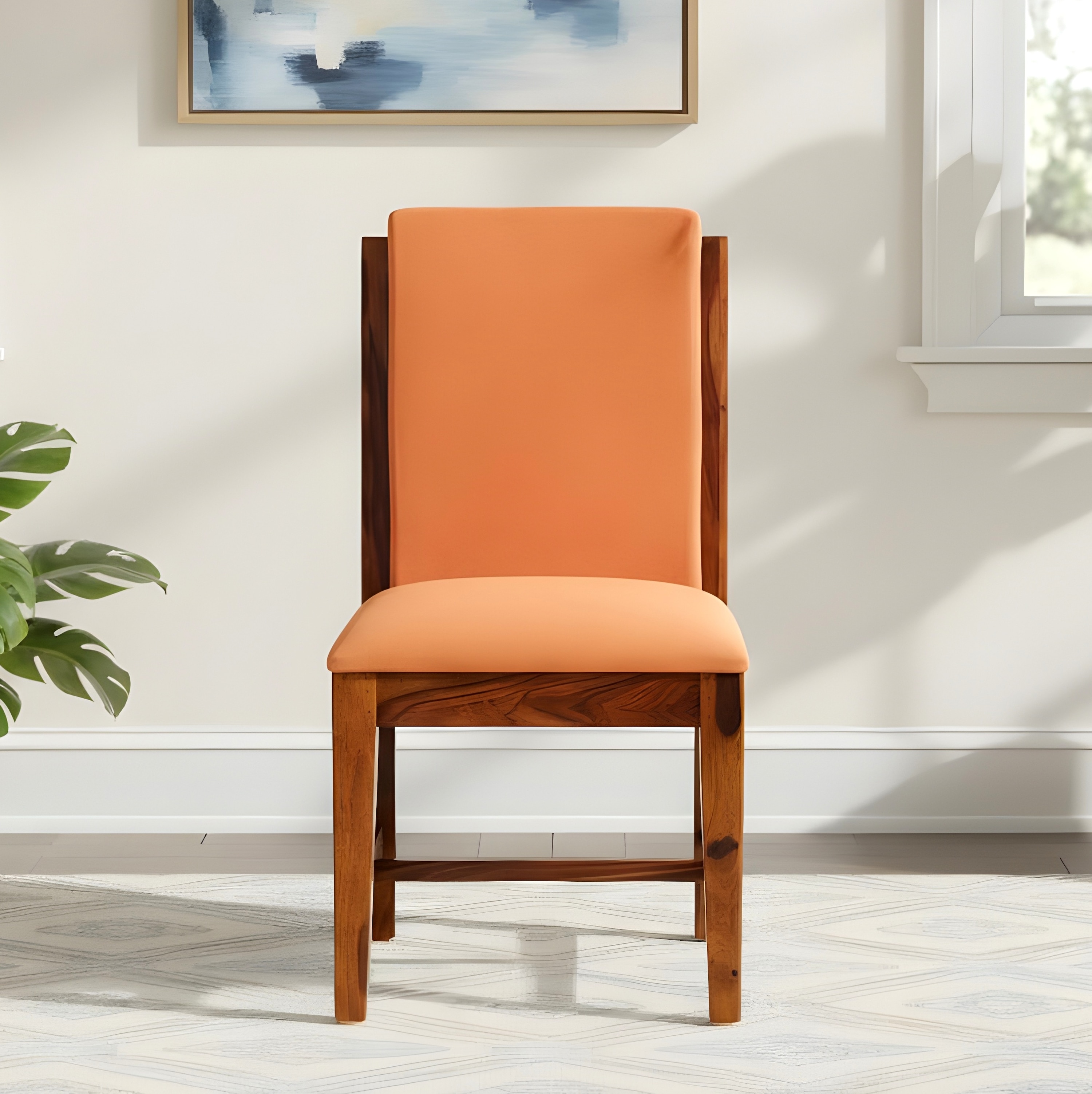 Rosslyn wood Dining Chair in Pumpkin Orange Velvet Upholstery with PINE FINISH