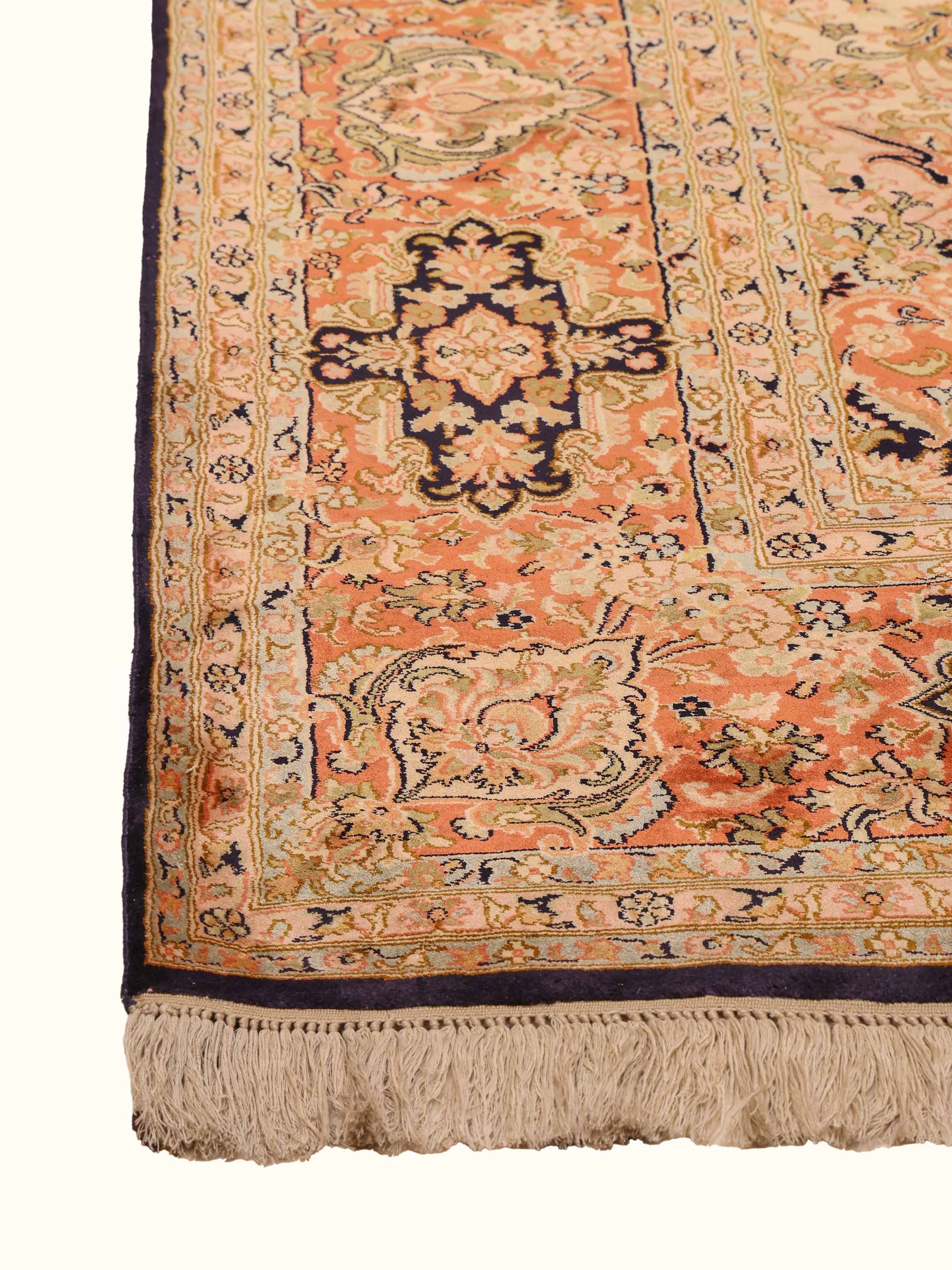 Traditional Persian Navy Rust Kashan Kashmir Silk Hand-Knotted Carpet