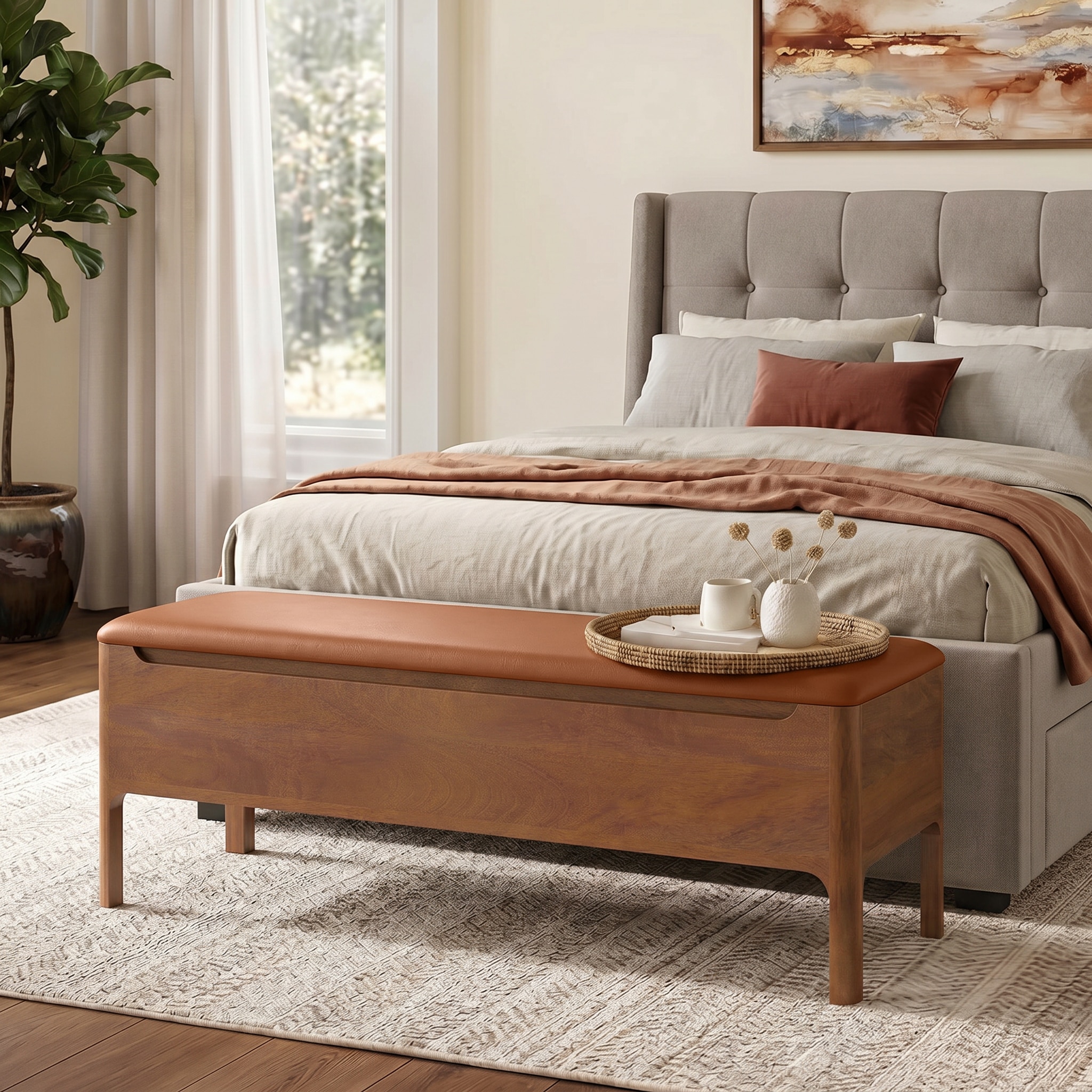 Zaha Solid Wood Upholstered Storage Bench In Amber walnut Finish with Nappa Tan Leatherette Colour