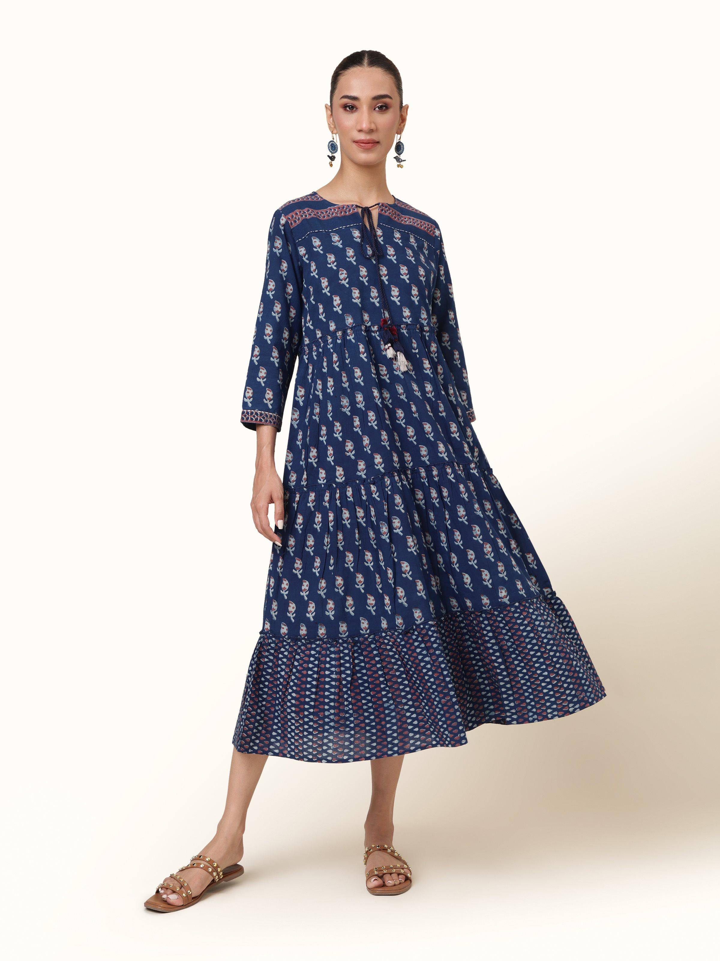 Front view of blue cotton Dabu block printed A-line midi dress with round neck and short sleeves