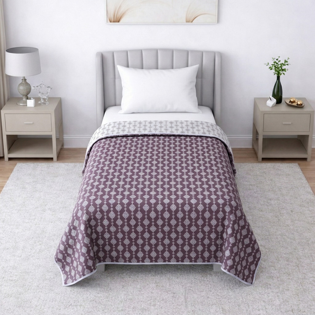 Riva White & Purple Floral Cotton Dohar Single Bed Reversible 300 Gsm Size 240 X 160 Cms - Threads