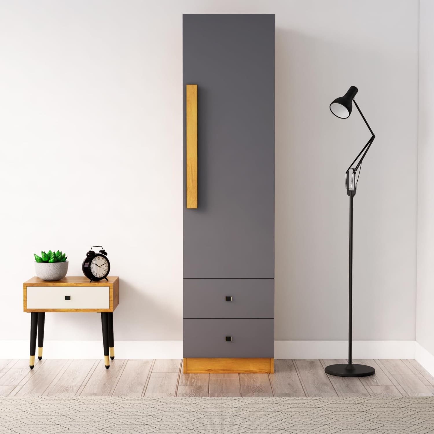 Hexa Red Wooden 1 Door Wardrobe with 2 Drawers and Hanging Space in Giant Wood and Slate Grey Colour - HexaRed
