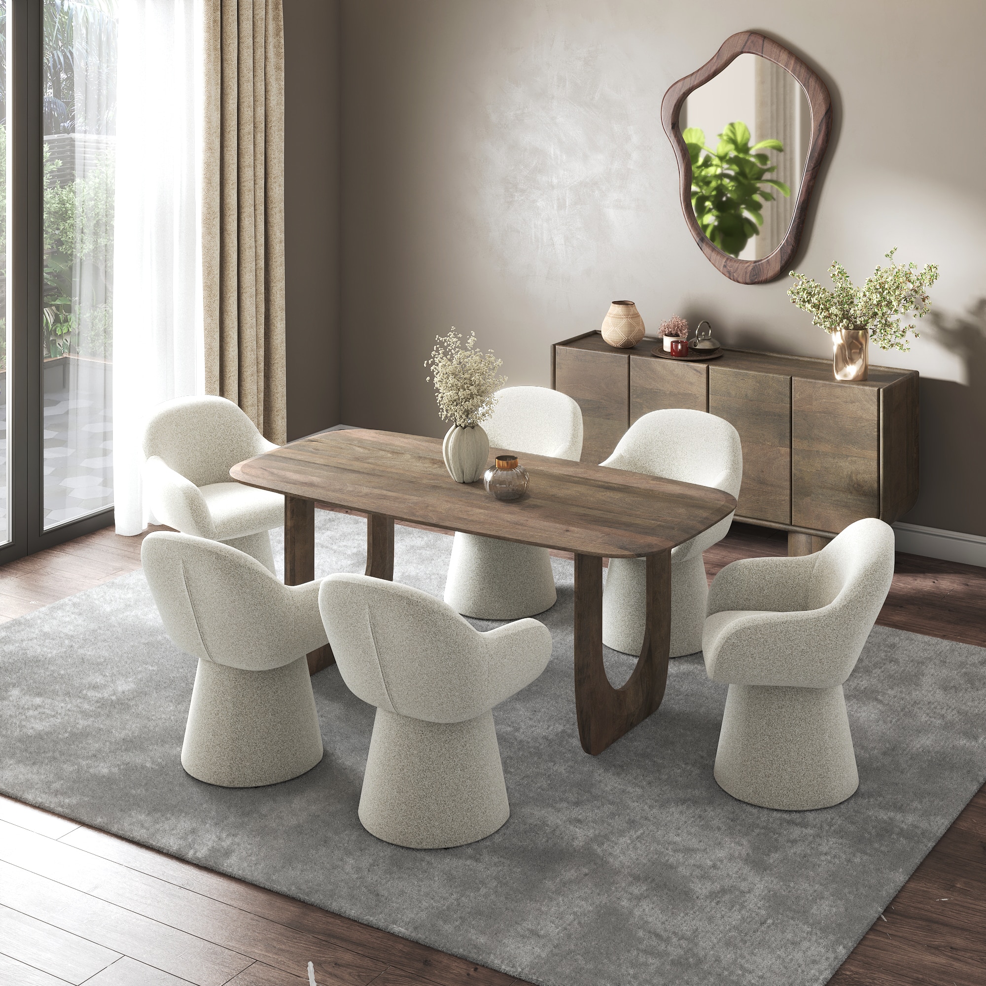 Aero Solid Wood 6 Seater Dining Table With Selene Upholstered Accent Chair
