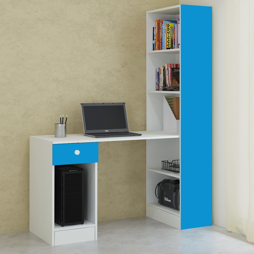 Austin Study Desk with Drawer and Built In Bookshelf in Azure Blue Colour - Adona