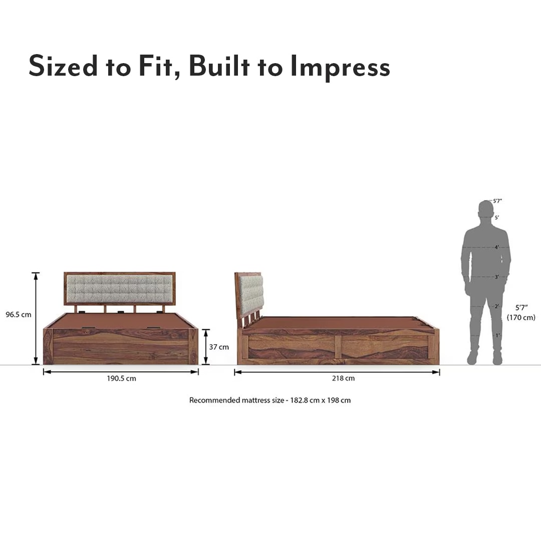 Florence Solid Wood King Size Hydraulic Storage Bed In Teak Finish