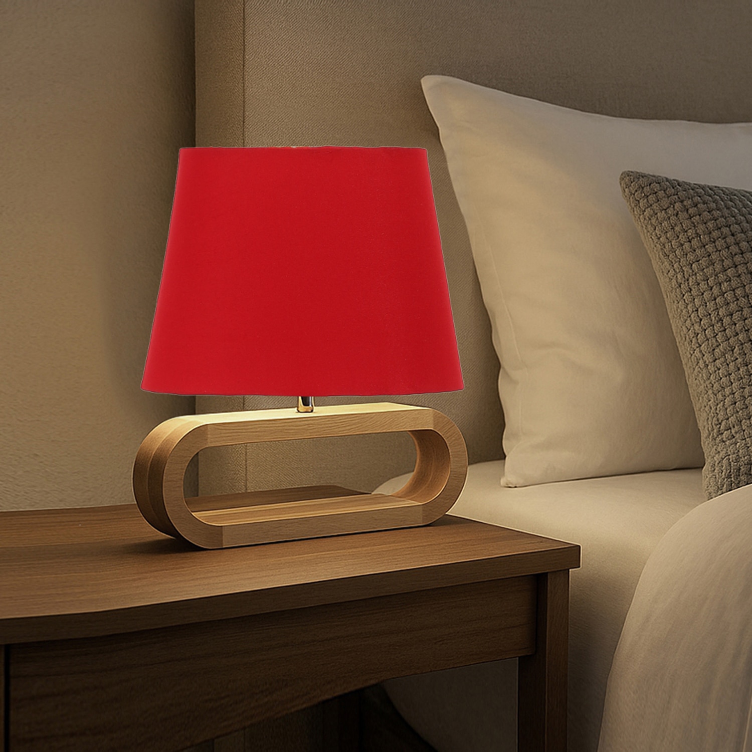 Devansh Red Cotton Table Lamp With  Wood Natural Base -4