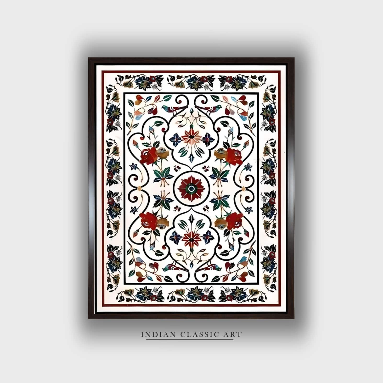 Beige Blue Mughal Floral Printed Framed Canvas Wall Canvas Wall Prints Set of 1 Multicolor Matte