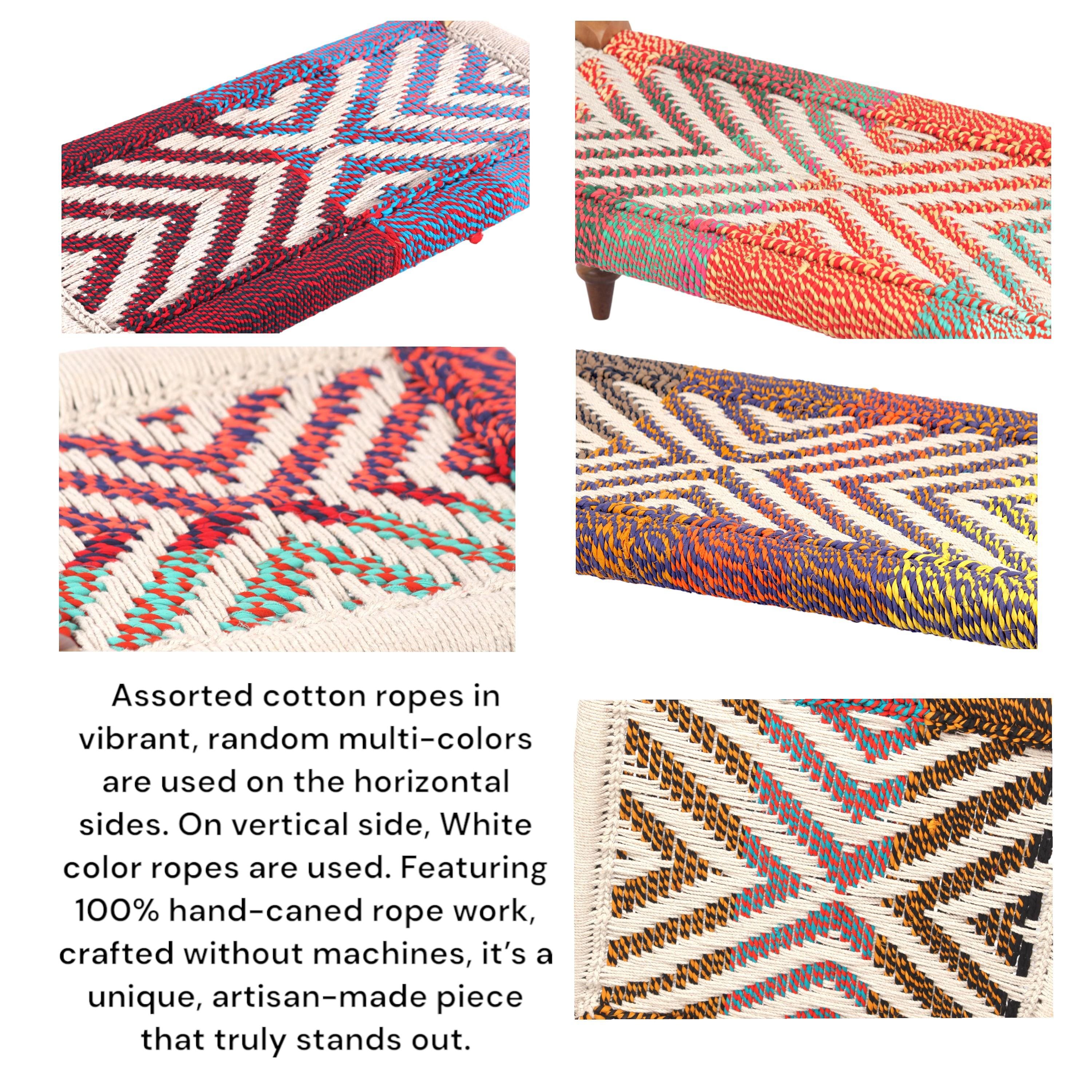 NatWest Sheesham Wood Relaxing Lounge Chair in Assorted Multi-Colour Chindi and White Rope Canning