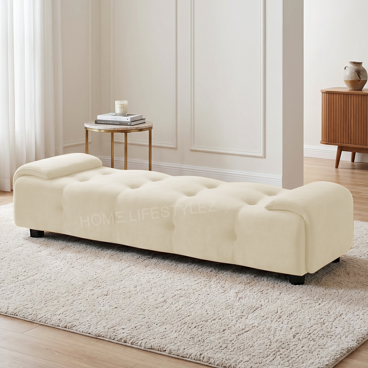 Melon Velvet 5 Feet Ottoman Bench in Cream Color