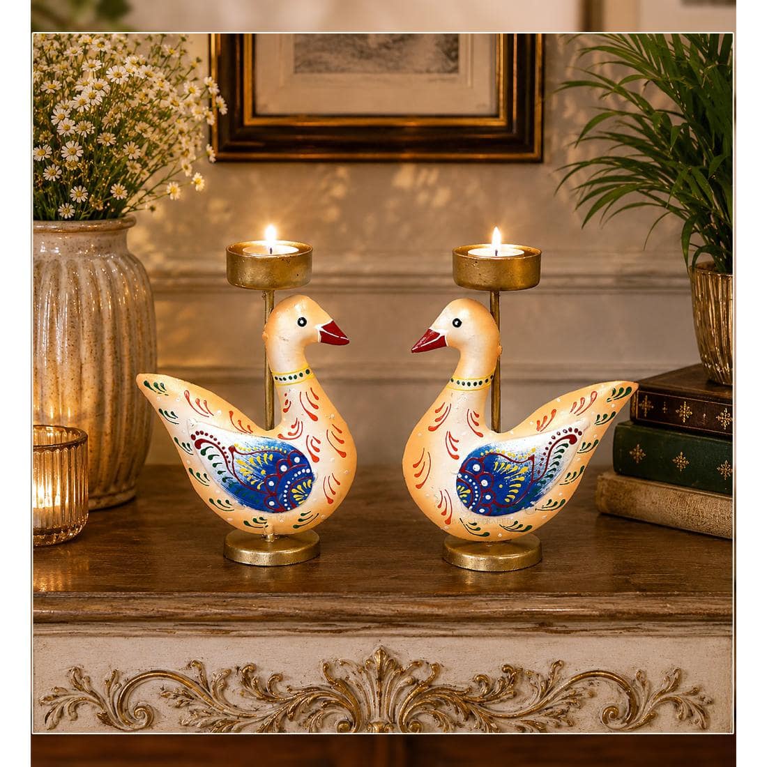 Desert Art Metal Handpainted Duck Tealight Holder Set of 2 - Desert Art