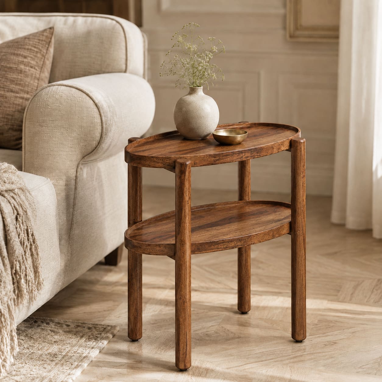 Pearl Sheesham Wood Side Table in Rustic Teak Finish