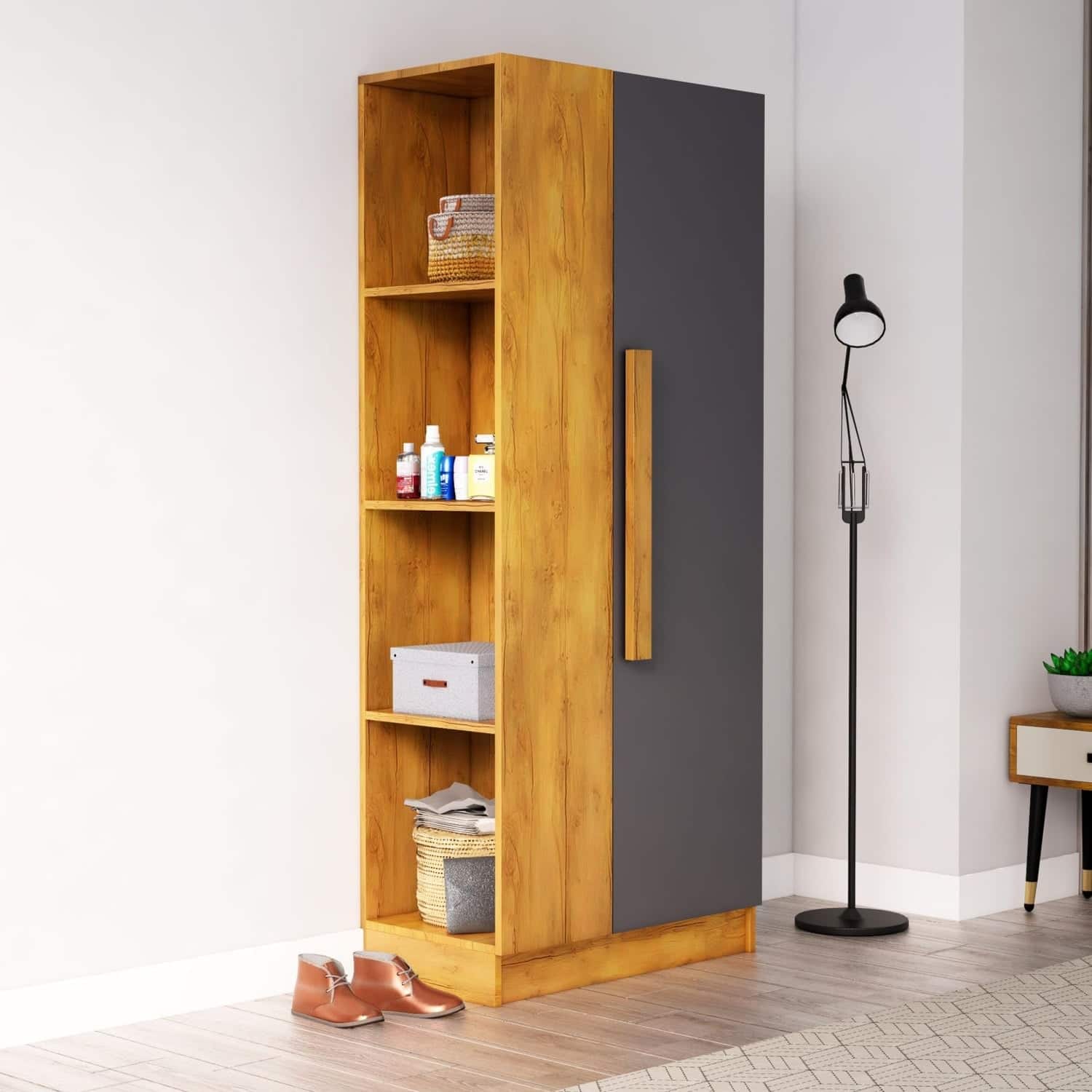 Hexa Red Wooden 1 Door Wardrobe with Hanging Space in Giant Wood and Slate Grey Colour - HexaRed
