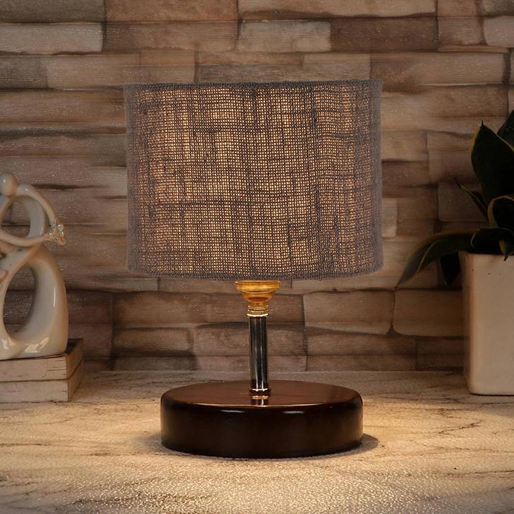 Yukon Grey Jute Table Lamp with brown wood base - Devansh