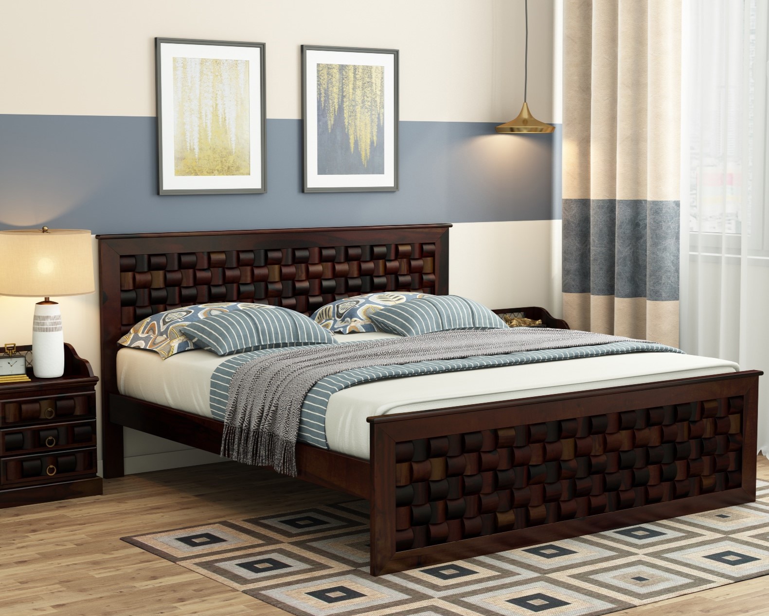 Moglis Solid Wood Queen Size Without Storage Bed In Walnut Finish