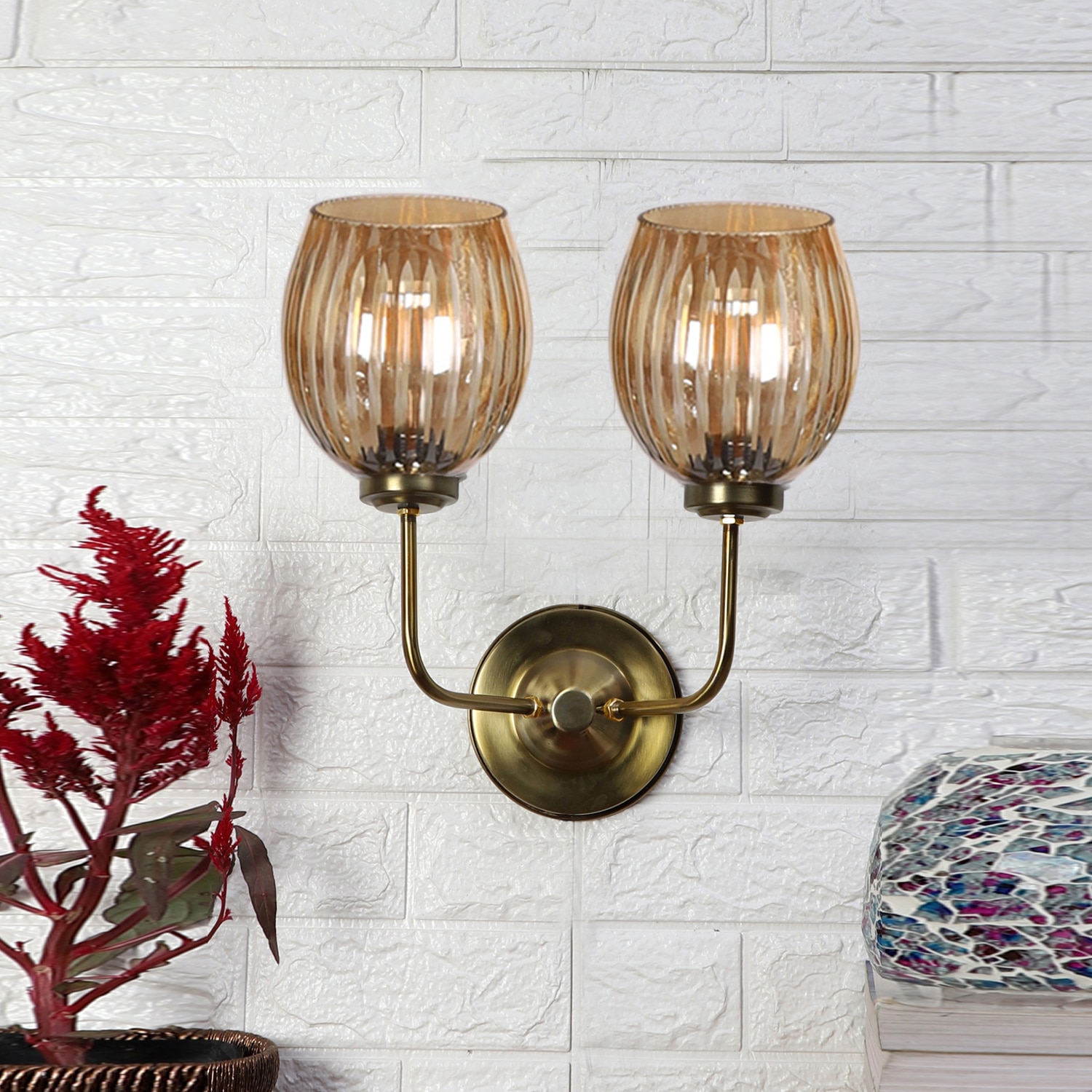 Devansh Metal Electric Wall Light in Gold Colour with Lavender Shade Count of 2 Lights - Devansh