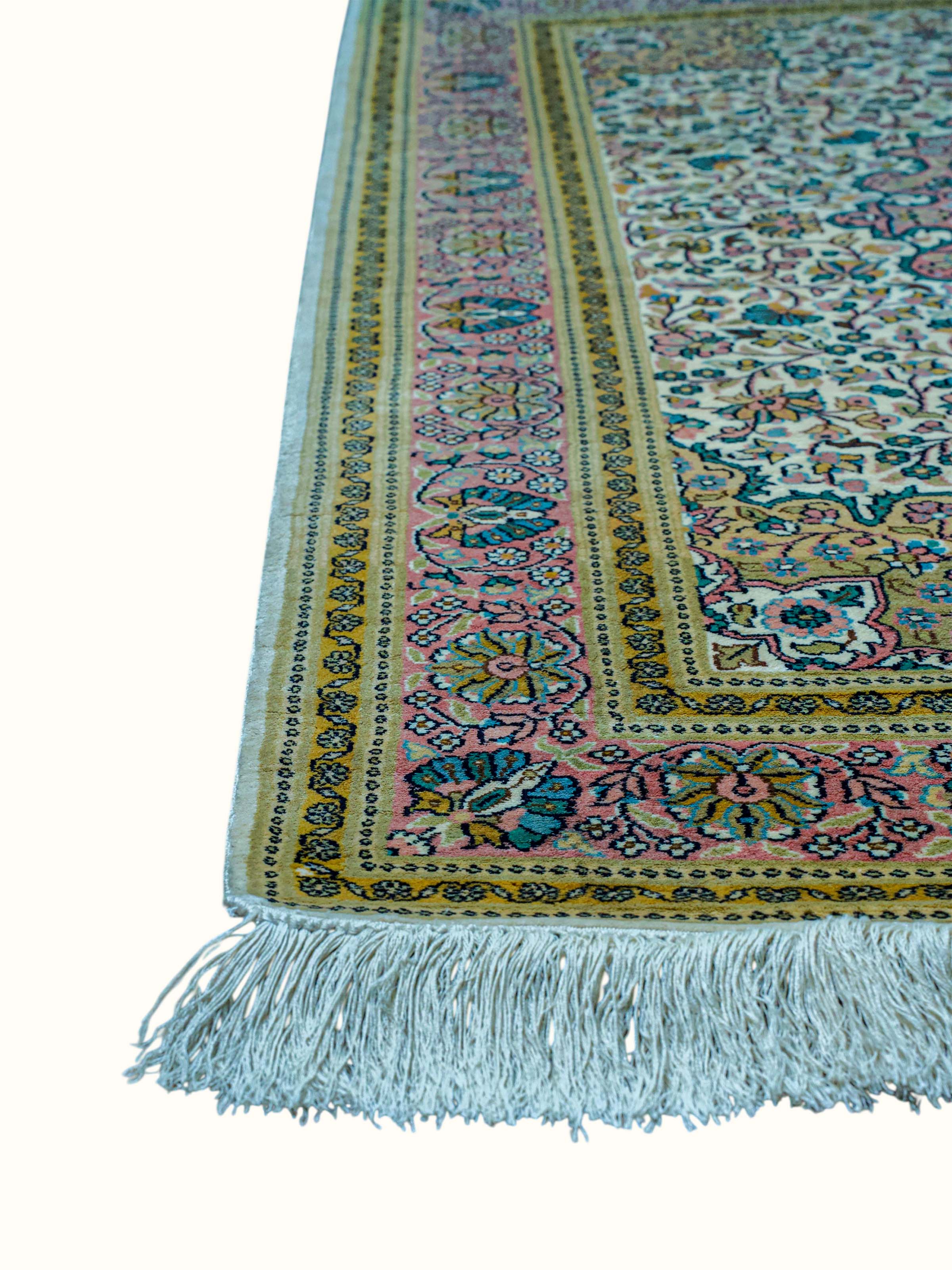 Traditional Persian Ivory Kashan Kashmir Silk Hand-Knotted Carpet