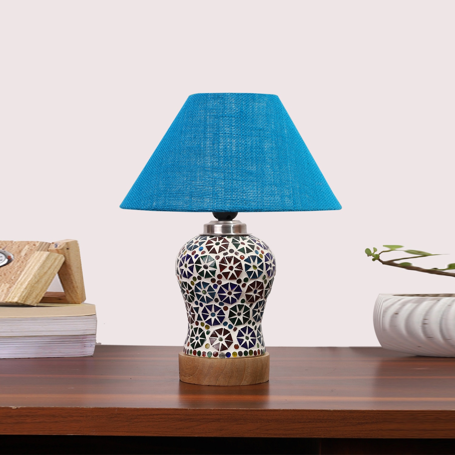 Devansh Conical Turquoise Jute Shade Lamp With Wood & Mosaic Glass Base For Decoration/Office/Home/Gifting/Study For Decoration/Office/Home/Gifting/Study -(10X10X14.5) Inches -A - Devansh