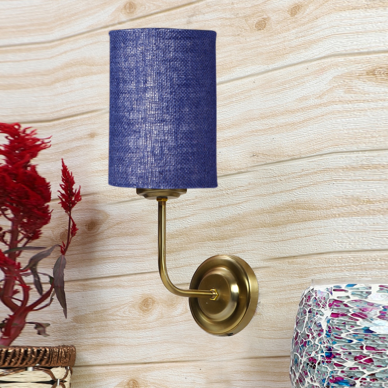 Devansh Metal Electric Wall Light in Gold Colour with Blue Shade Count of 1 Light - Devansh