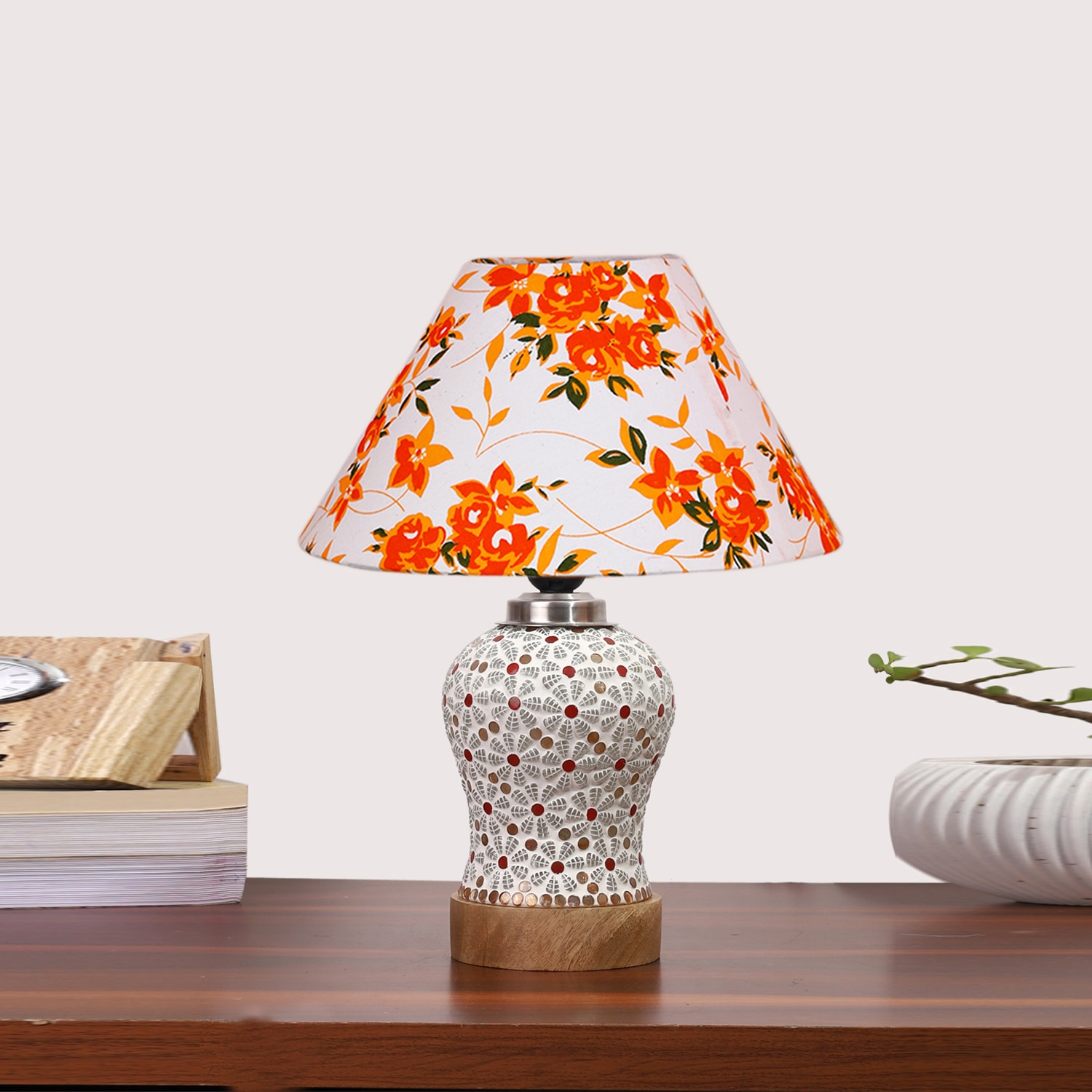 Devansh Conical Multi Cotton Shade Lamp With Wood & Mosaic Glass Base For Decoration/Office/Home/Gifting/Study For Decoration/Office/Home/Gifting/Study -(10X10X14.5) Inches -A - Devansh