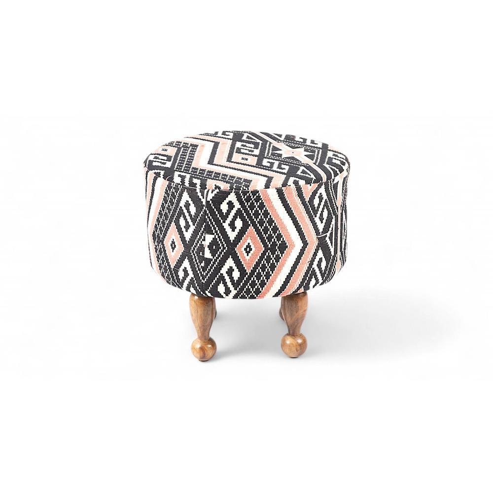 Louisville Acacia Wood Parisian Round Set of 2 Pouf Stools in Multi-colour Jacquard