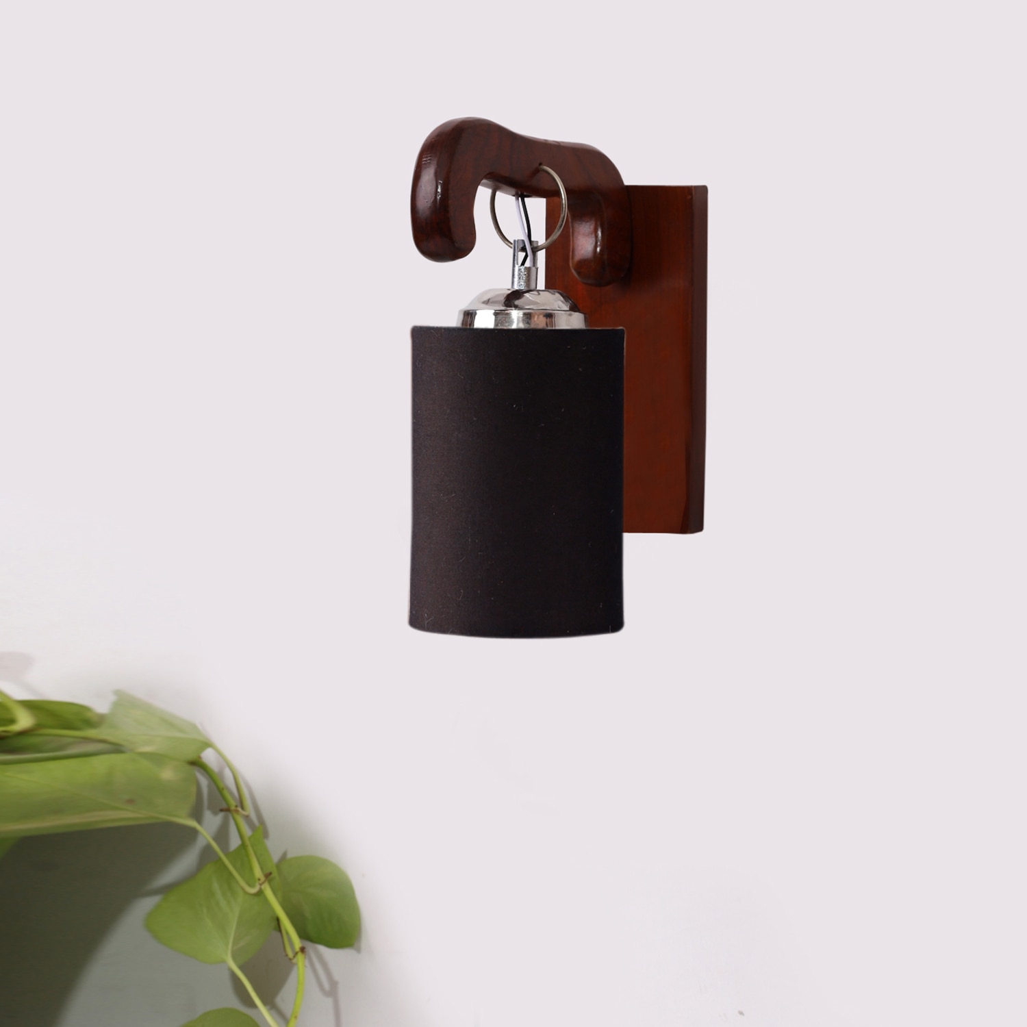 Devansh Solid Wood Electric Wall Light in Brown Colour with Black Shade Count of 1 Light - Devansh
