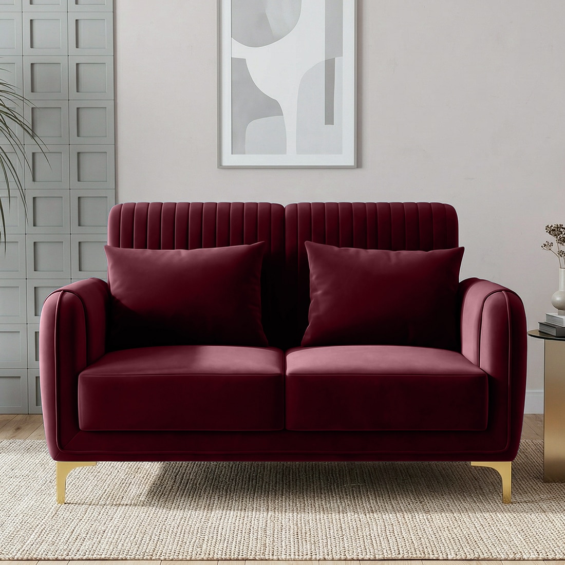 Monly Velvet 2 Seater Sofa Maroon Color - Home Lifestylez