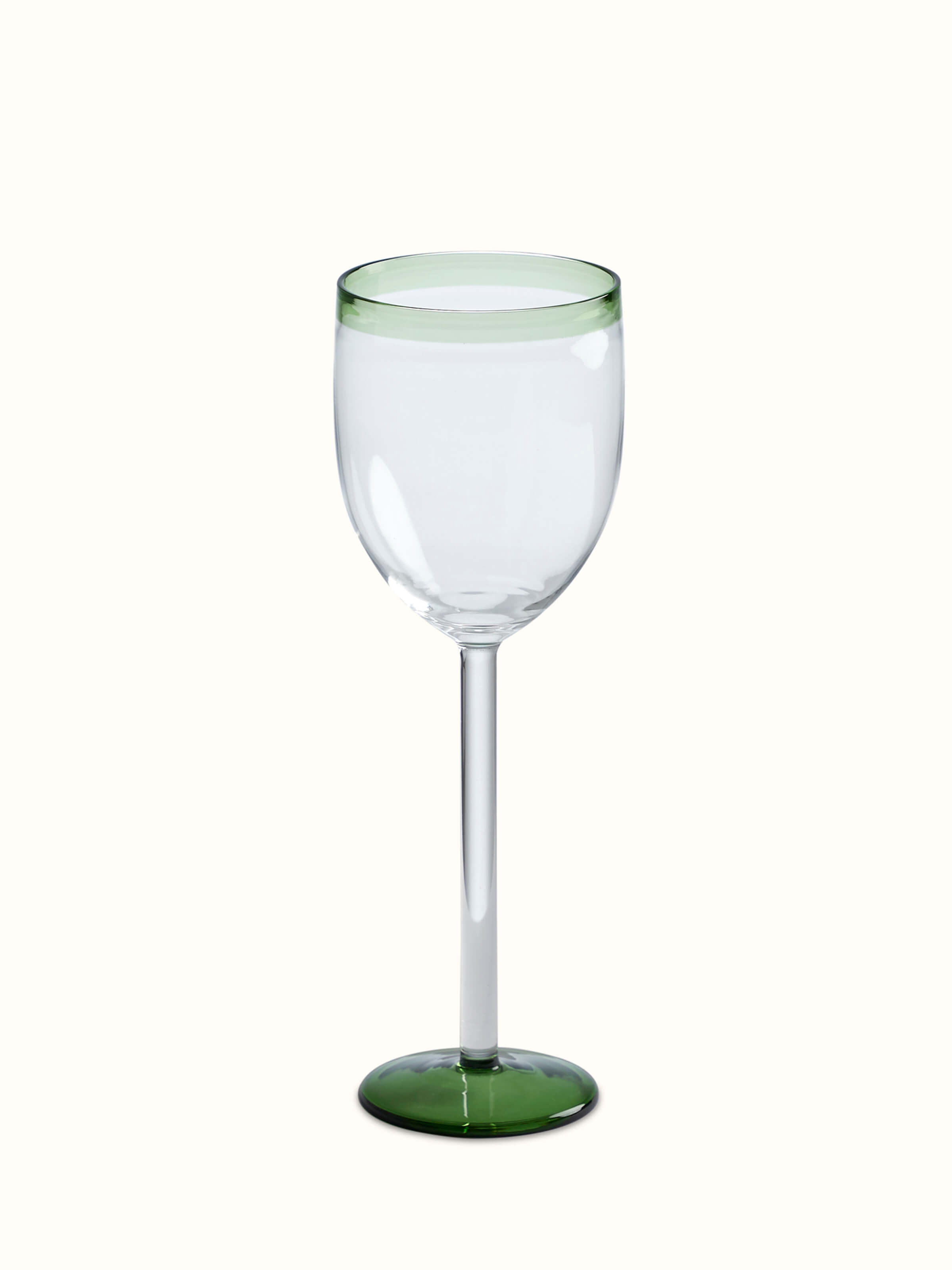 Angled view of green wine glasses (6 pcs), showcasing their sleek design and color consistency.