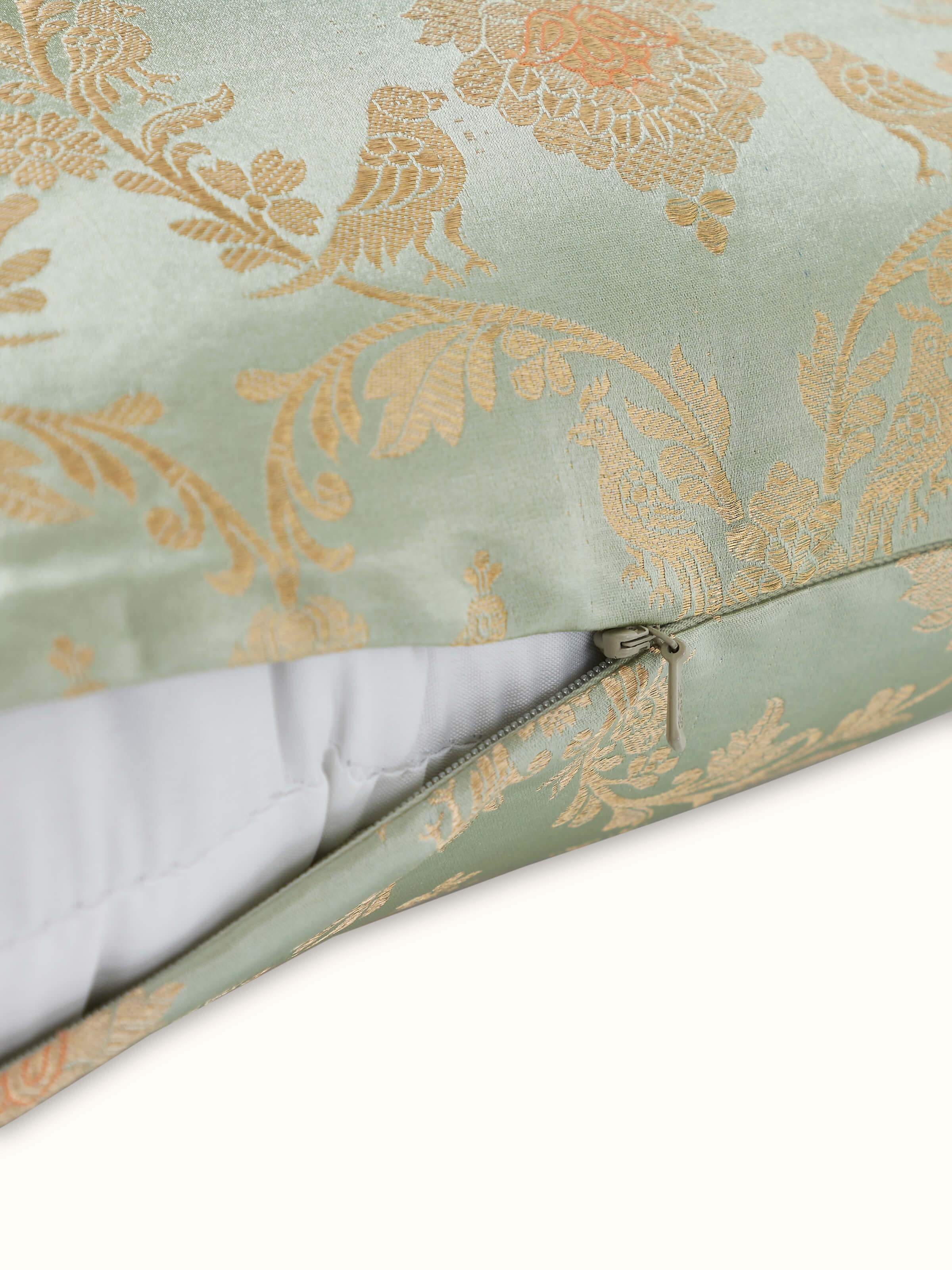 Angled view highlighting the woven jaal pattern and silk texture.