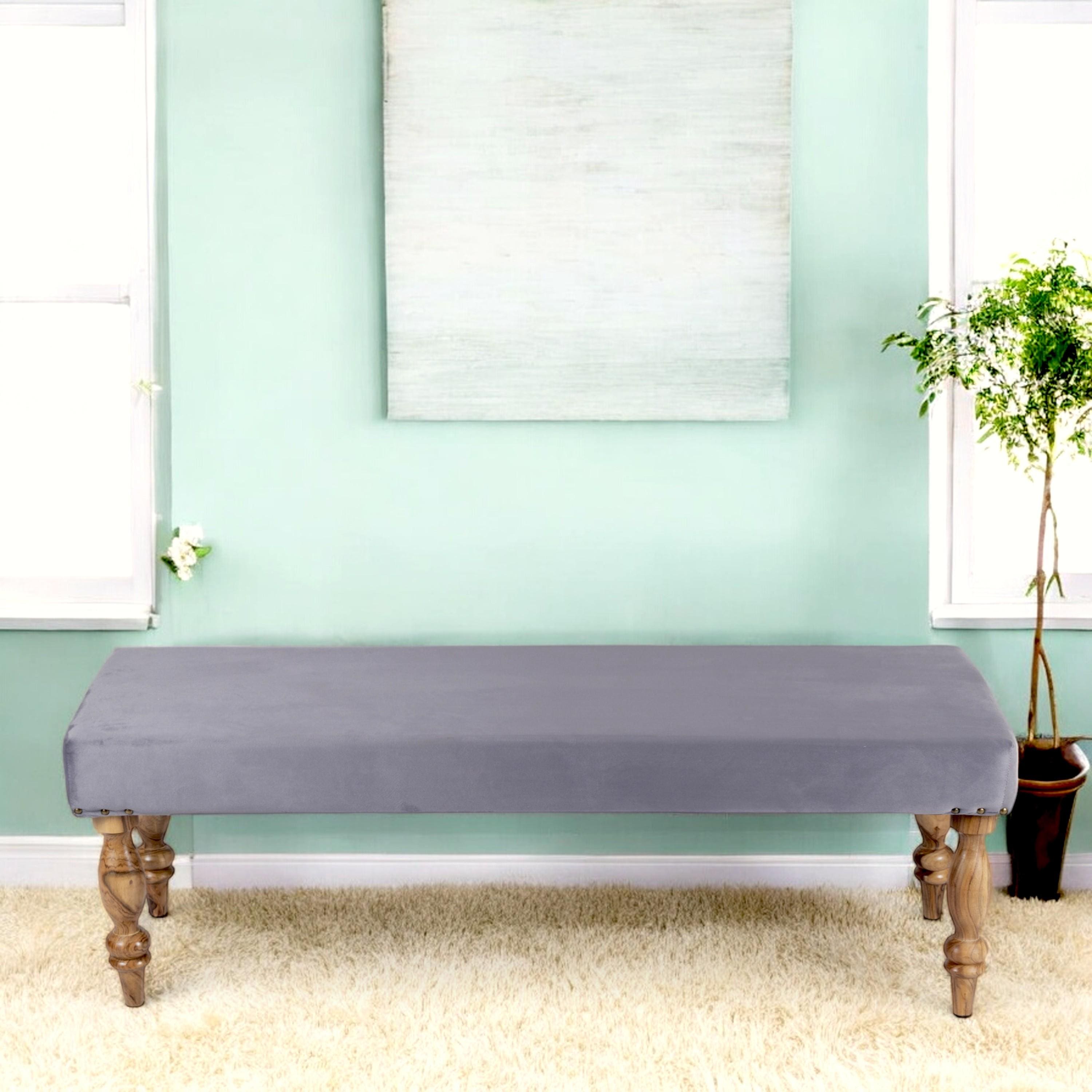 Cairo Sheesham Wood Accent 3 Seater Bench In Iron Grey Velvet